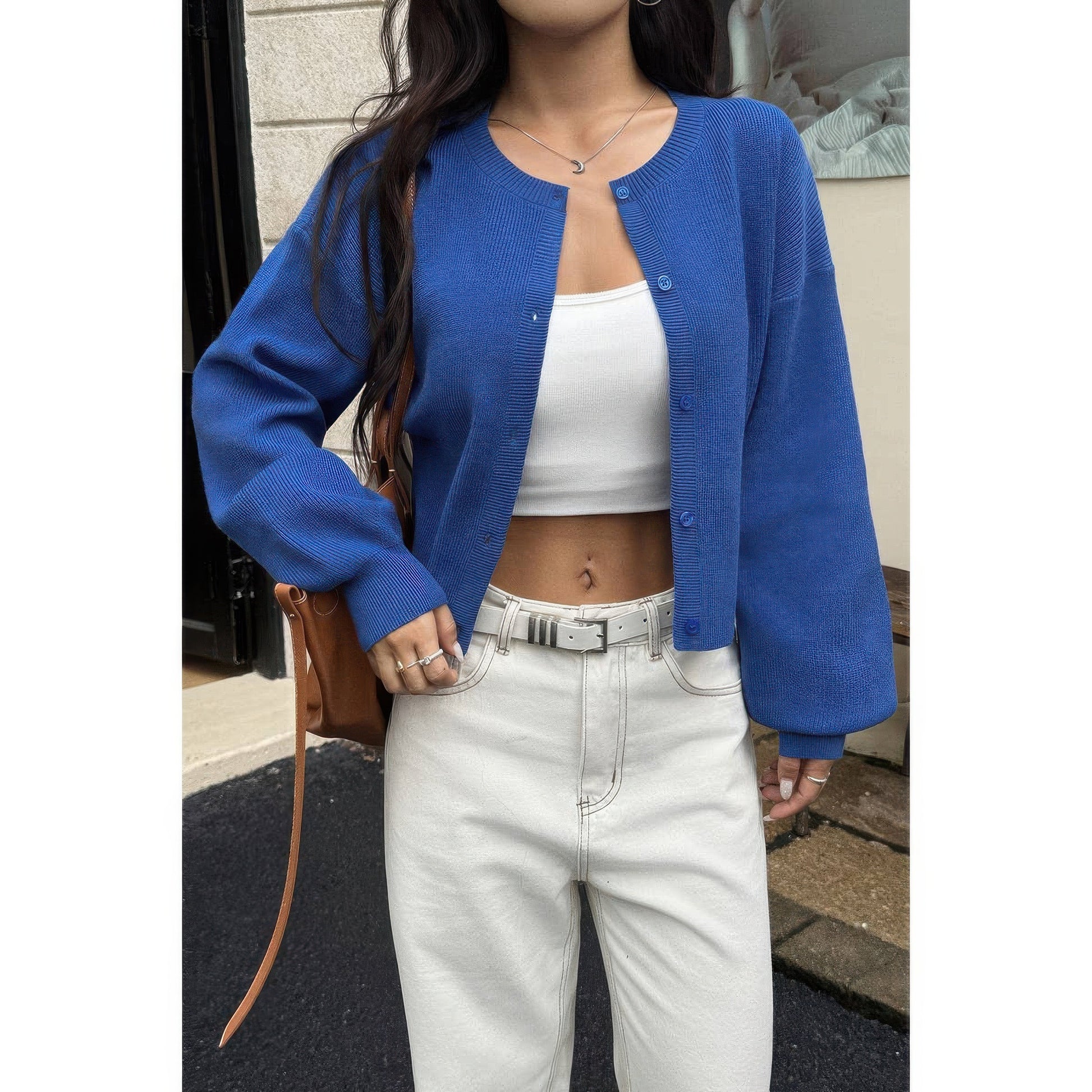 Knit Solid Round Neck Button Down Cardigan