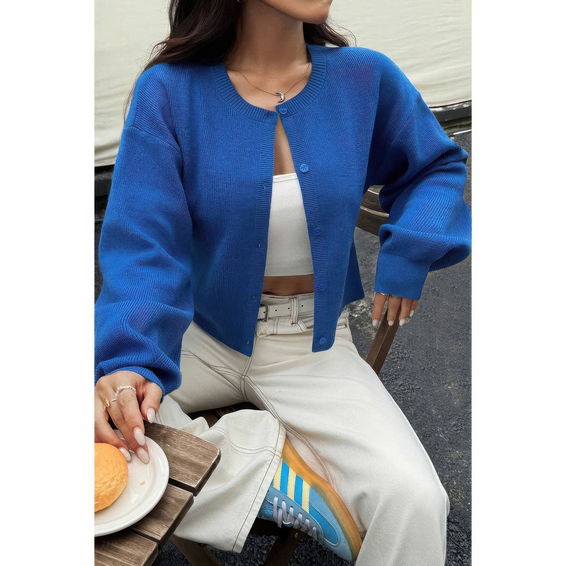 Knit Solid Round Neck Button Down Cardigan