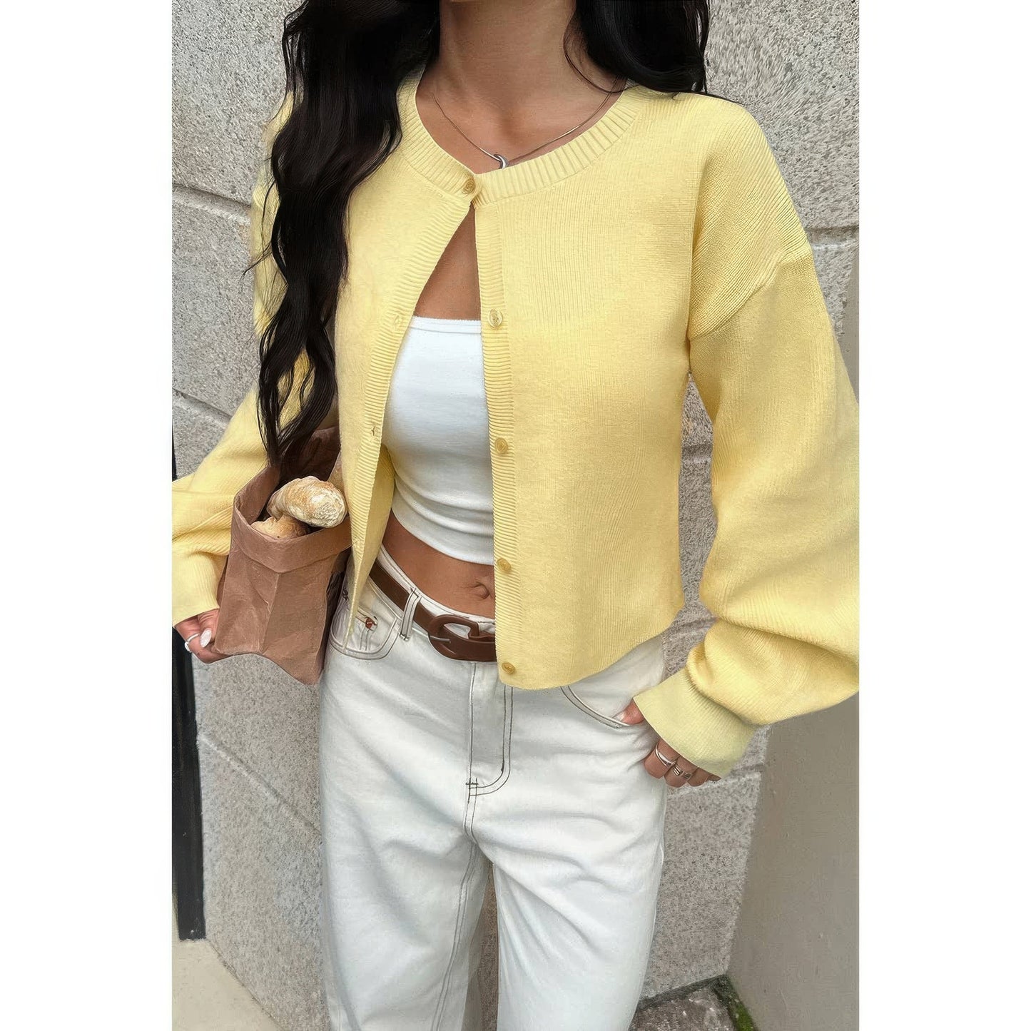 Knit Solid Round Neck Button Down Cardigan