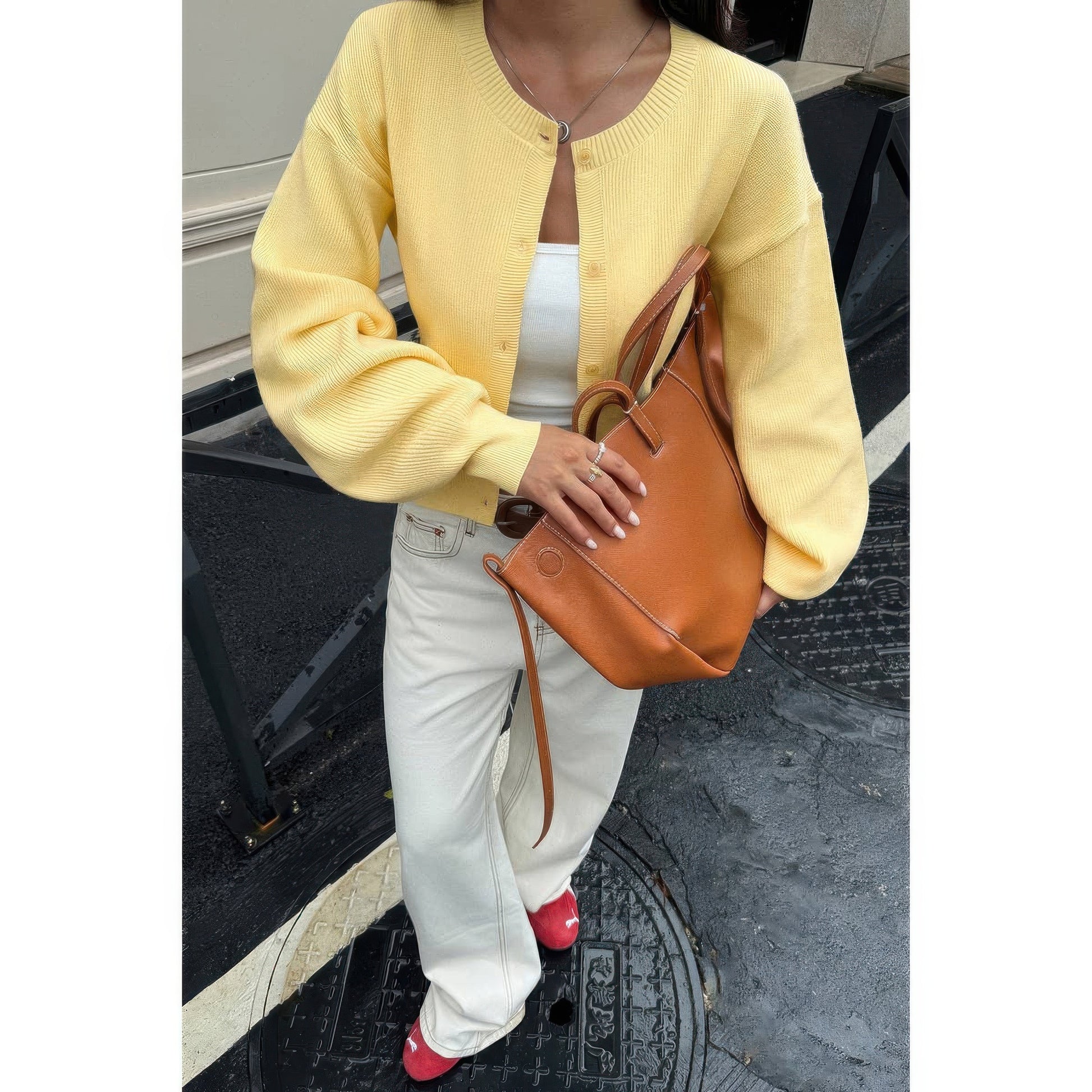 Knit Solid Round Neck Button Down Cardigan