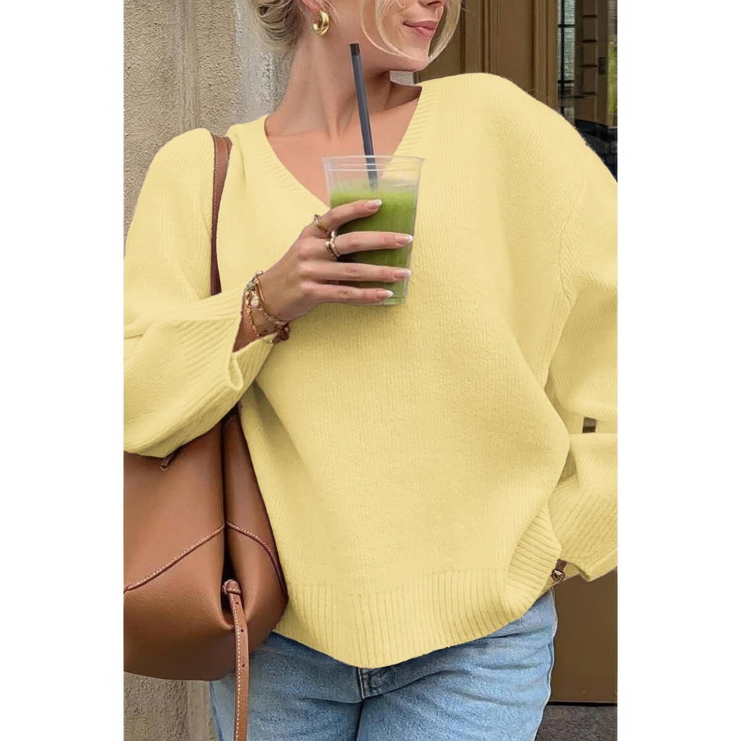 Solid V Neck Loose Knit Vintage Sweater