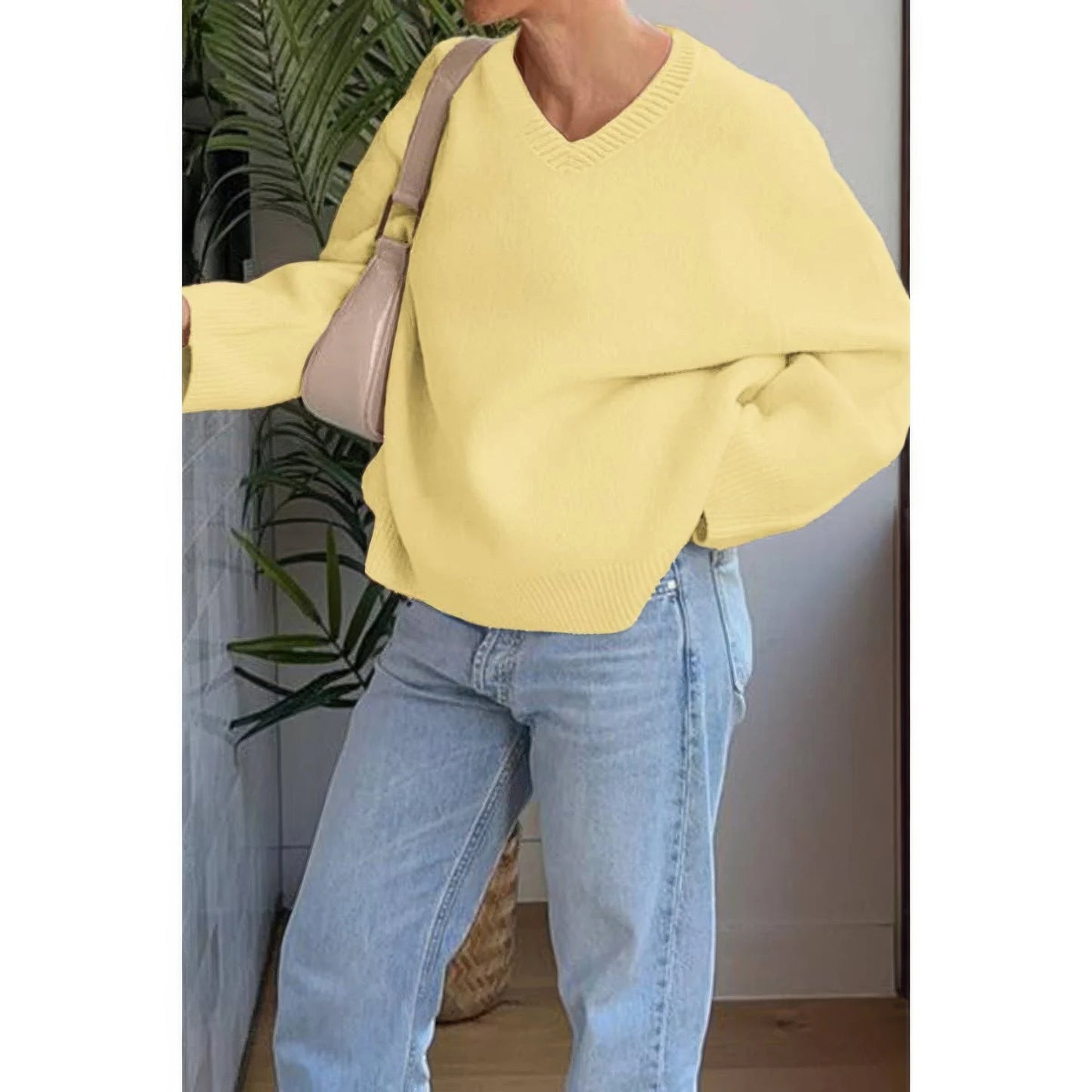Solid V Neck Loose Knit Vintage Sweater