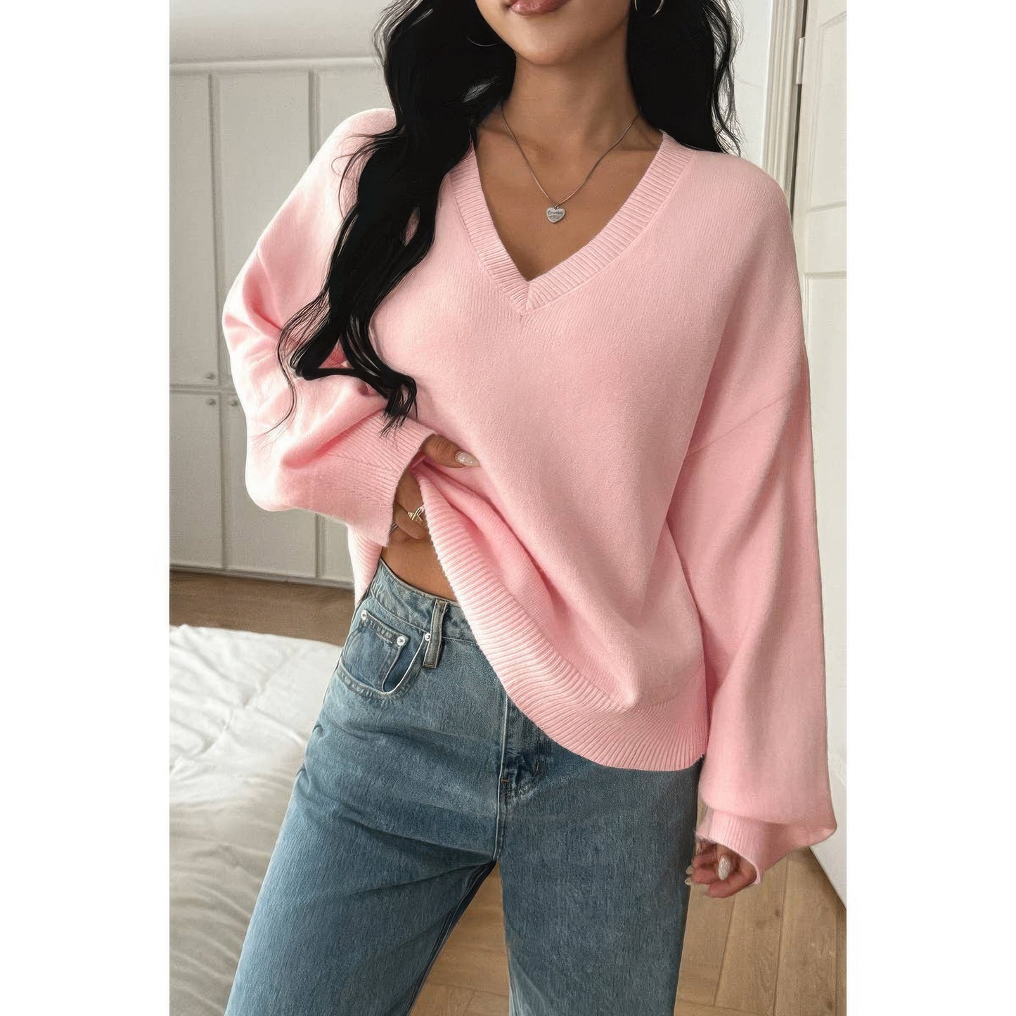 Solid V Neck Loose Knit Vintage Sweater