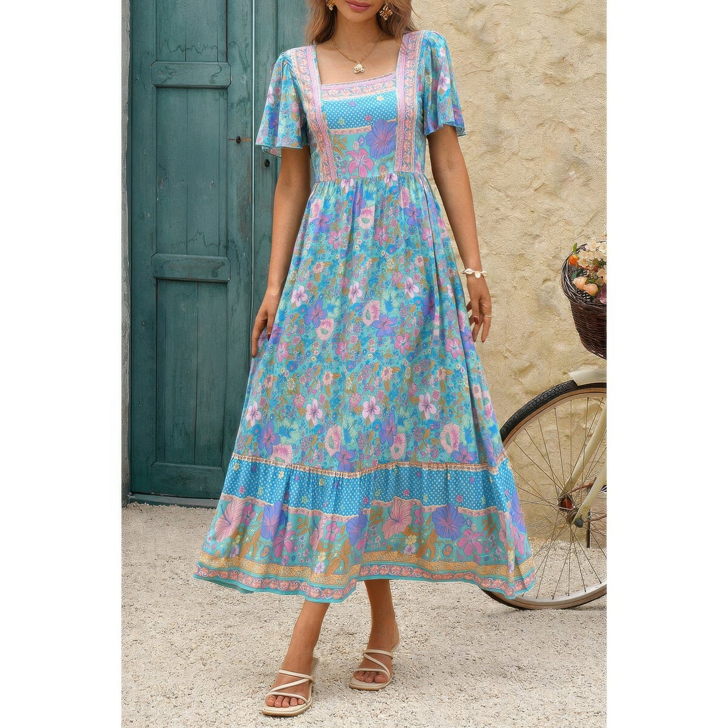 Square Neck Boho Floral A Line Fit Dress
