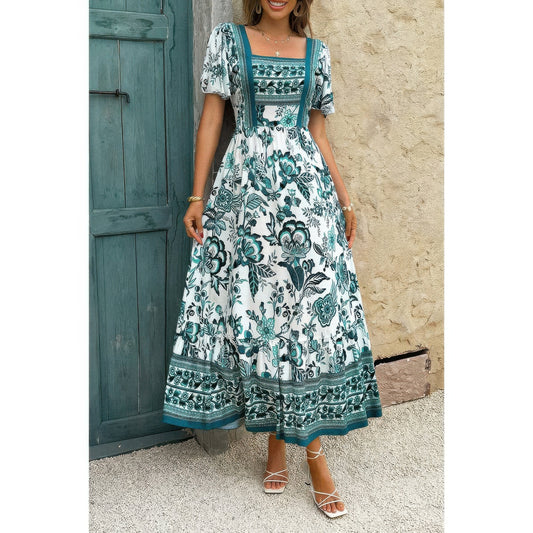 Square Neck Floral Printed Ankle Length A Line Dress
