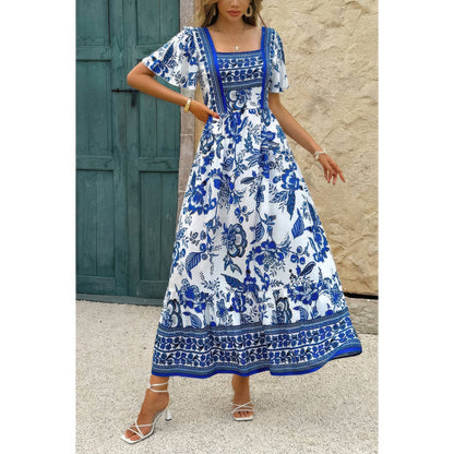 Square Neck Floral Printed Ankle Length A Line Dress