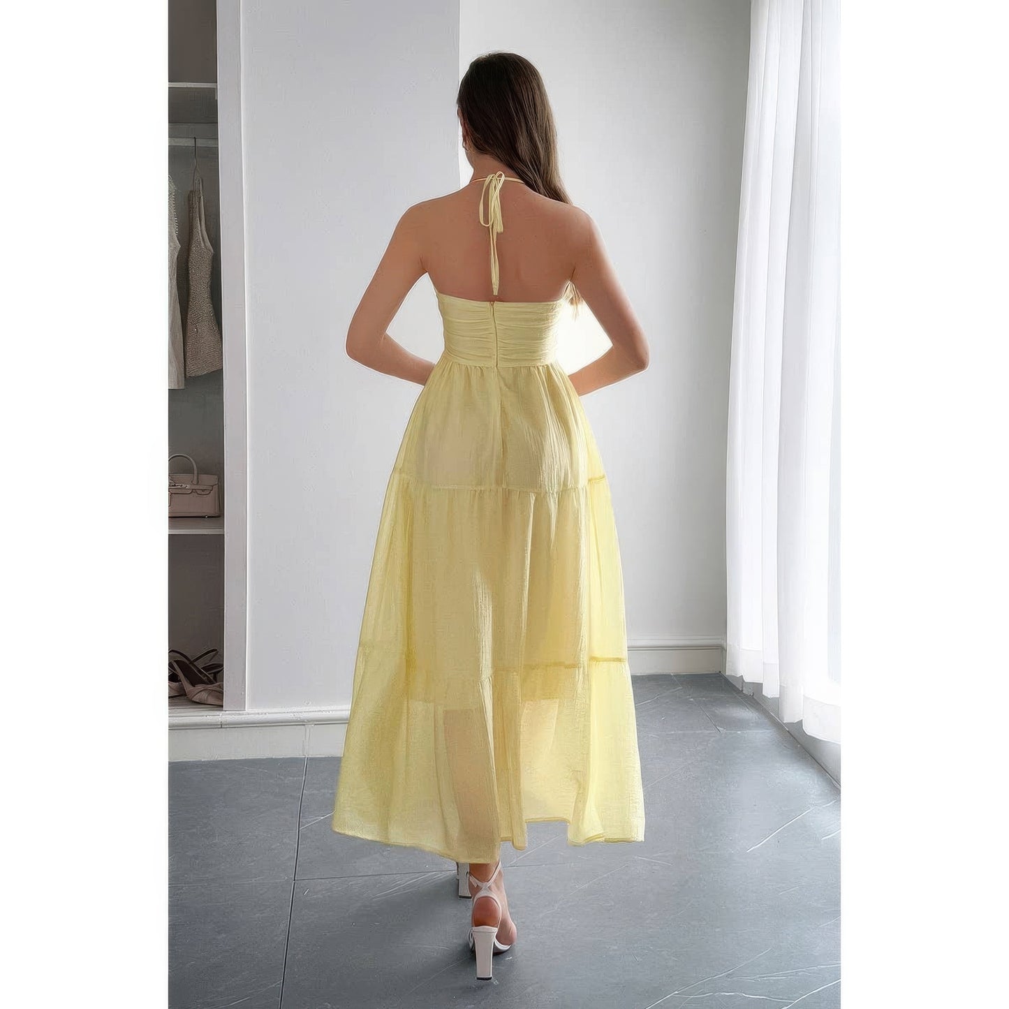 Solid Halter Muse Tiered Ruffle Long Dress