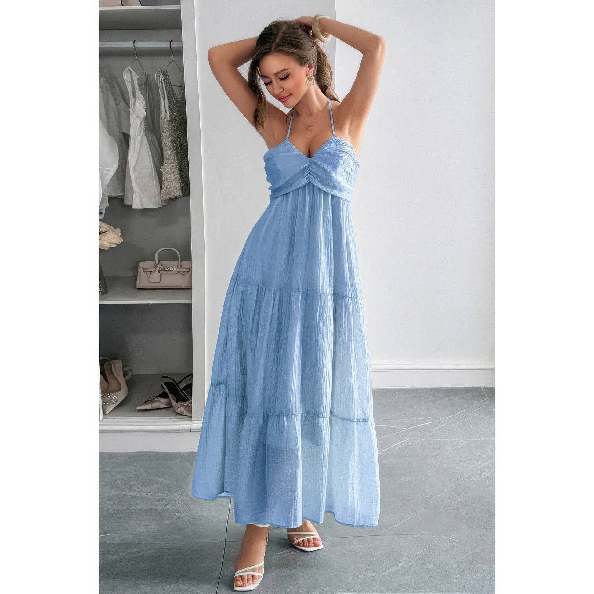 Solid Halter Muse Tiered Ruffle Long Dress