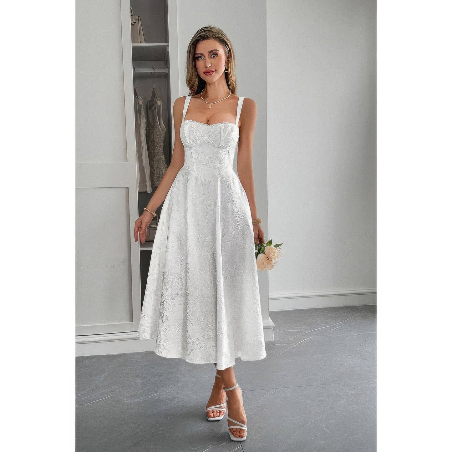 Solid Floral Jacquard Lace High Waist Dress