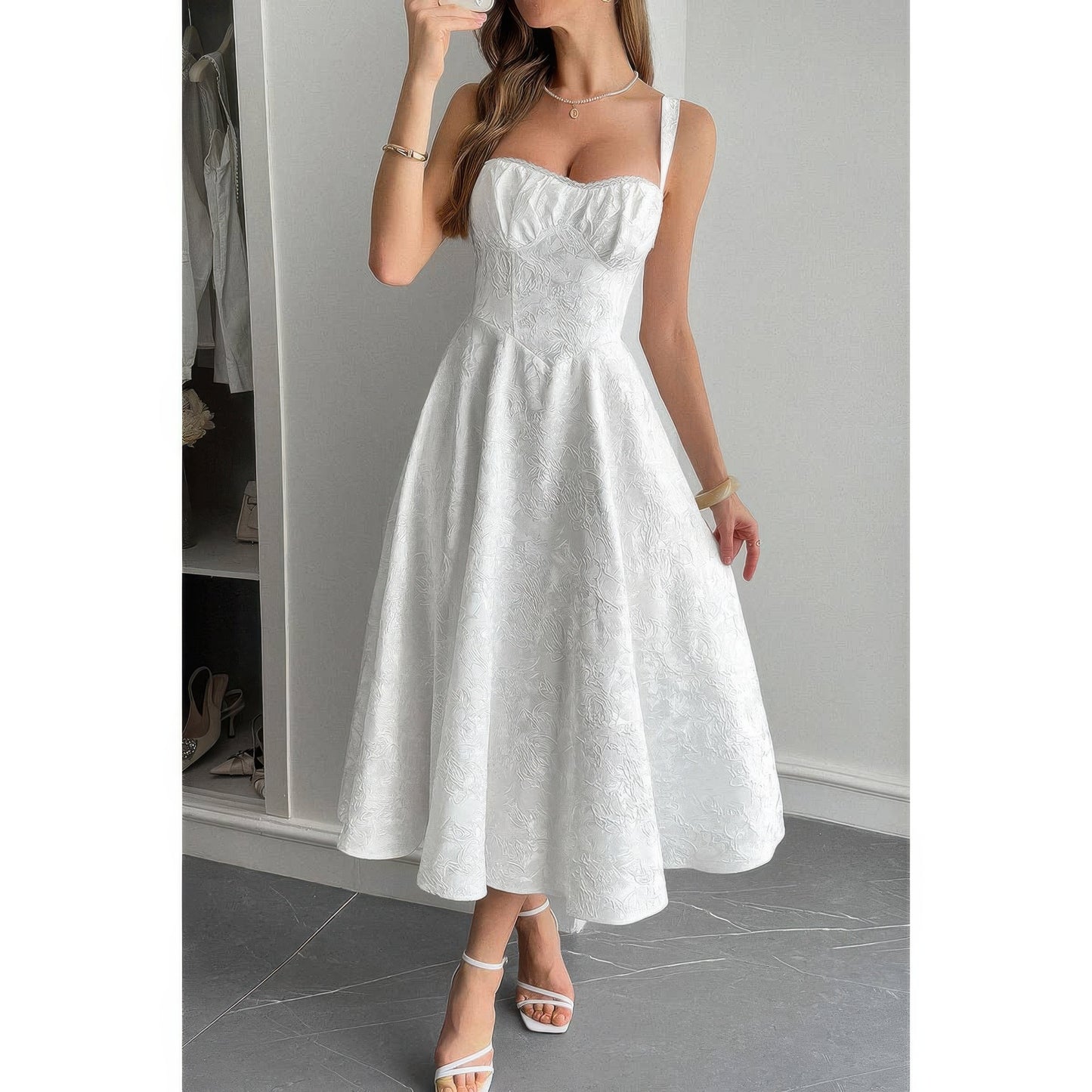 Solid Floral Jacquard Lace High Waist Dress