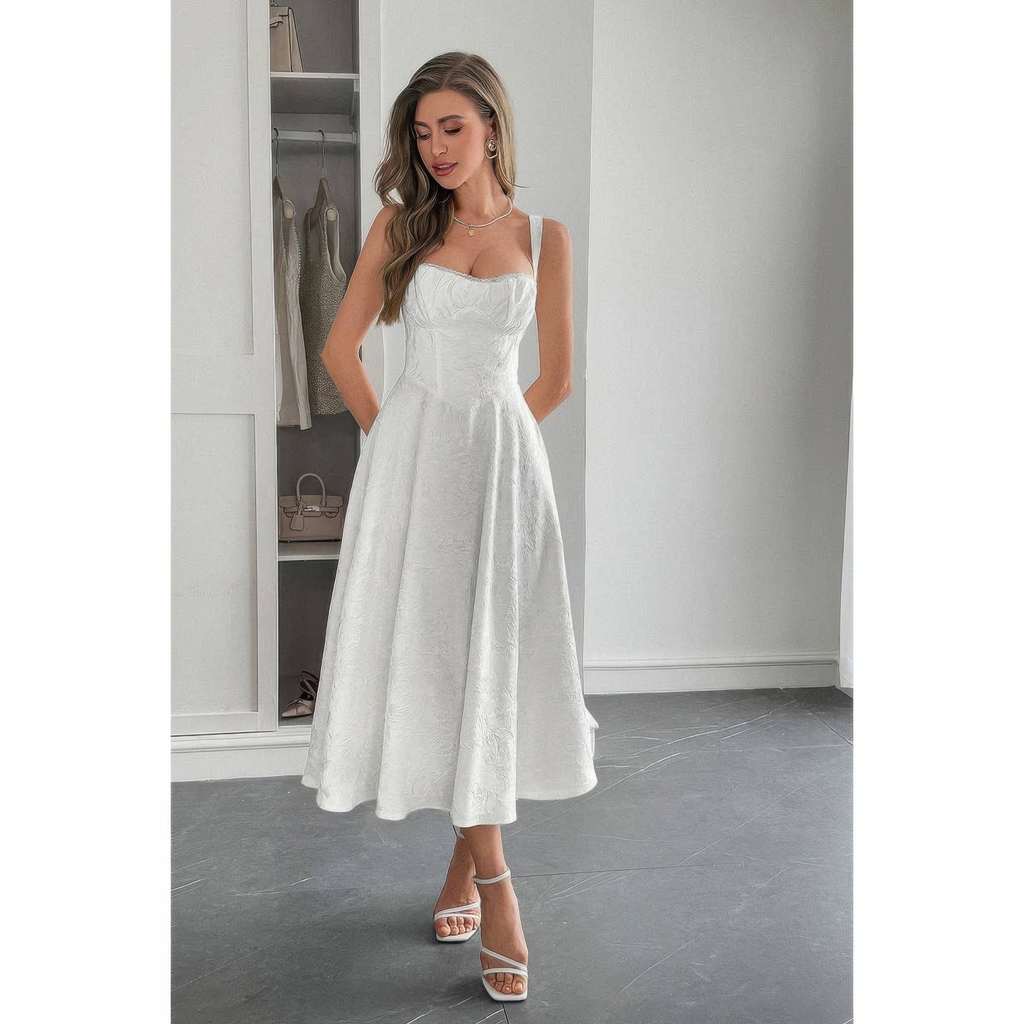 Solid Floral Jacquard Lace High Waist Dress