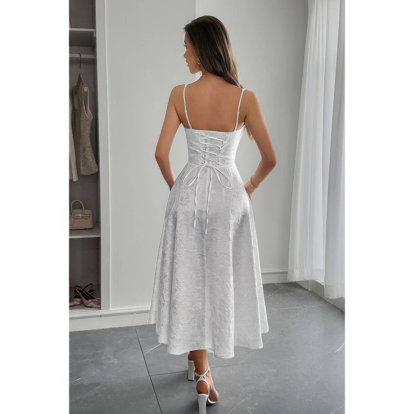 Solid Floral Jacquard Lace High Waist Dress