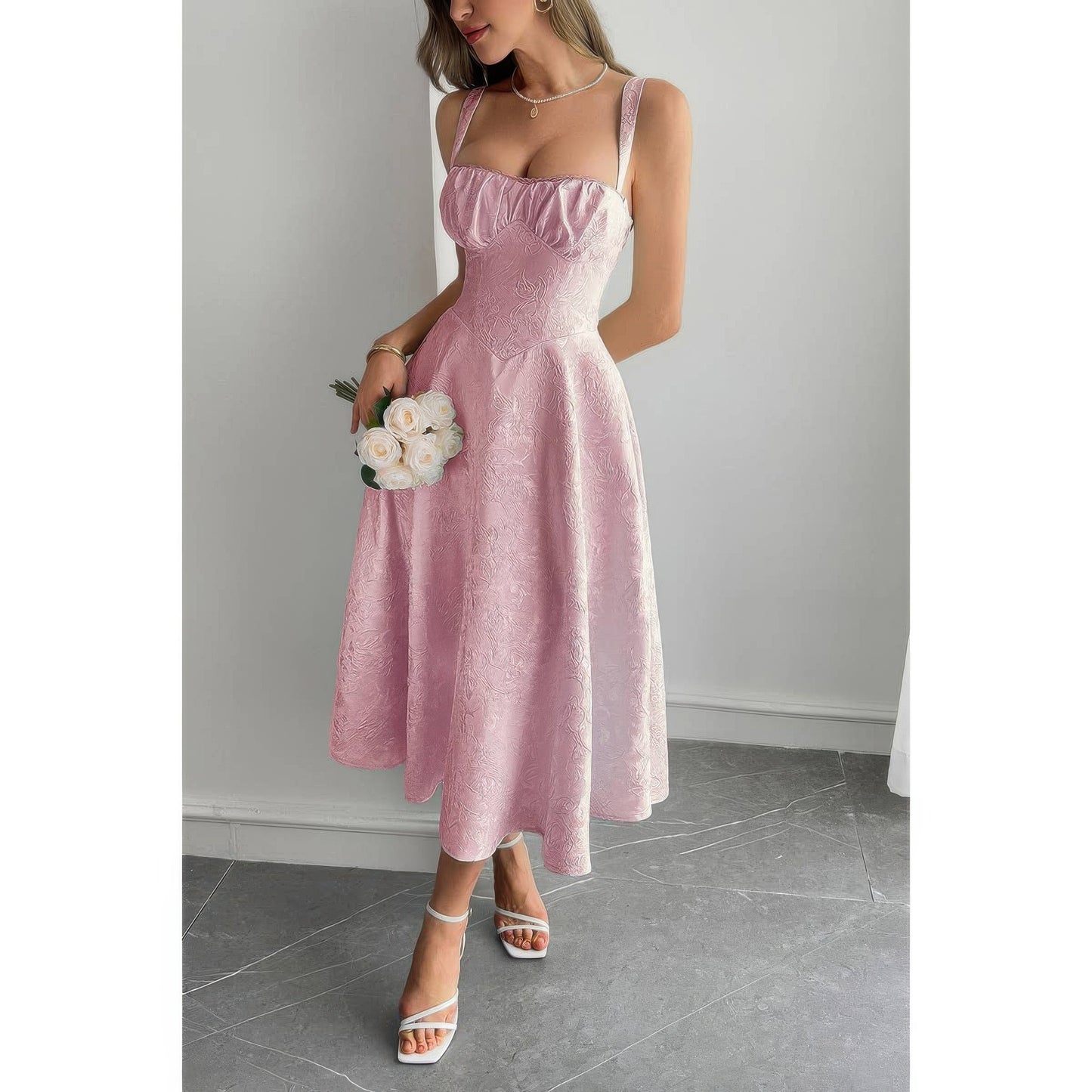 Solid Floral Jacquard Lace High Waist Dress