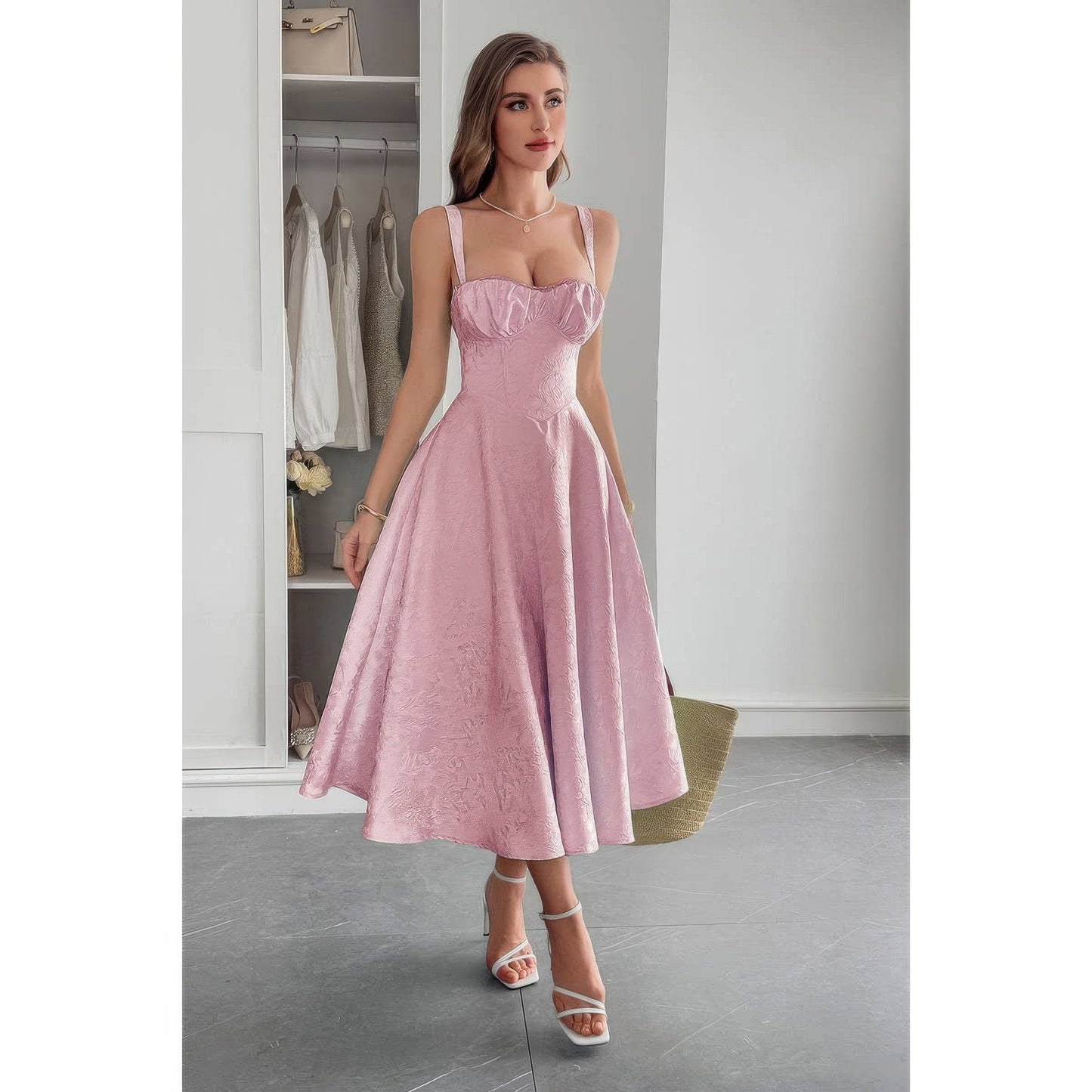 Solid Floral Jacquard Lace High Waist Dress