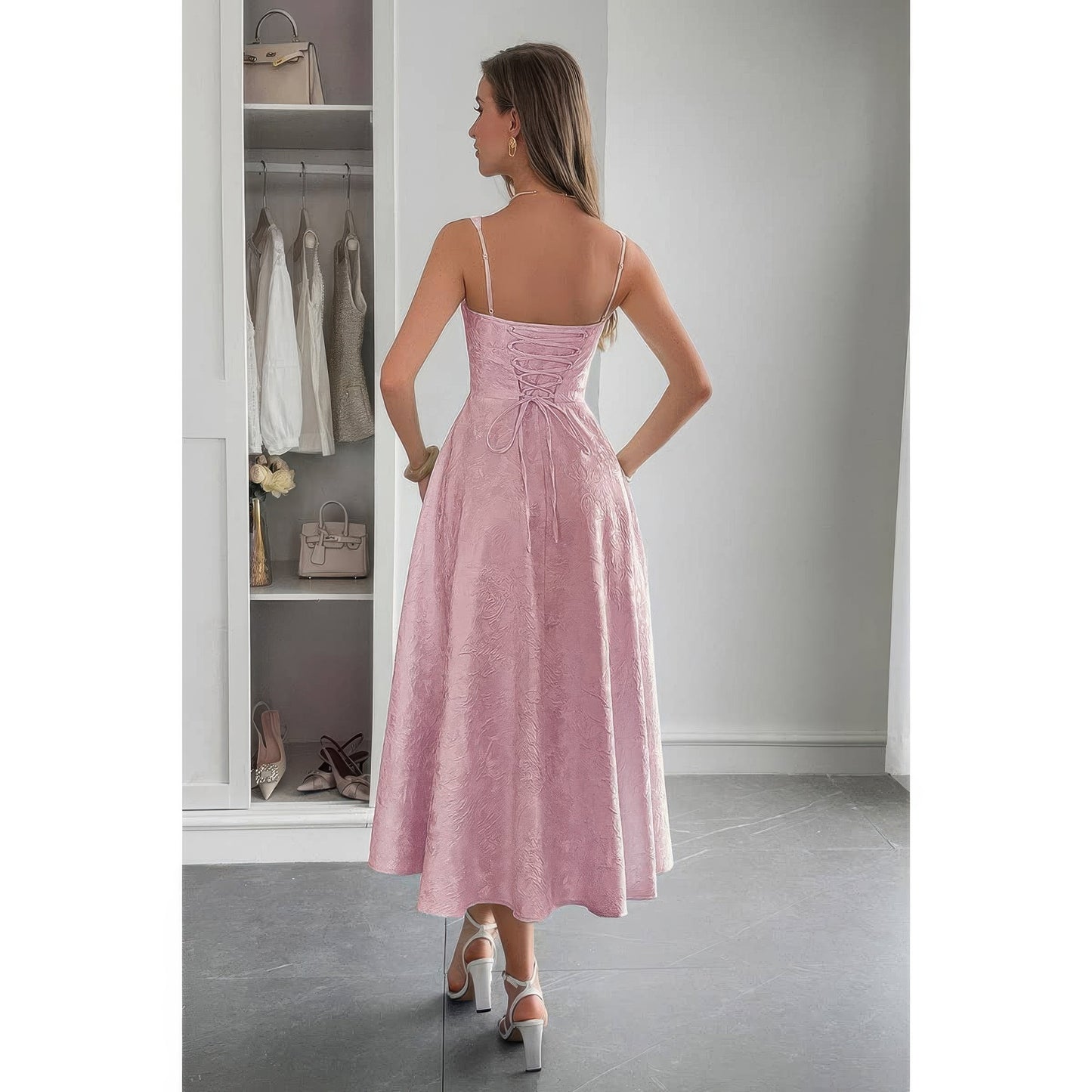 Solid Floral Jacquard Lace High Waist Dress