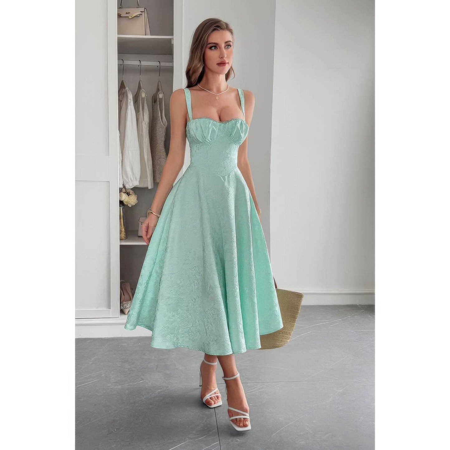 Solid Floral Jacquard Lace High Waist Dress