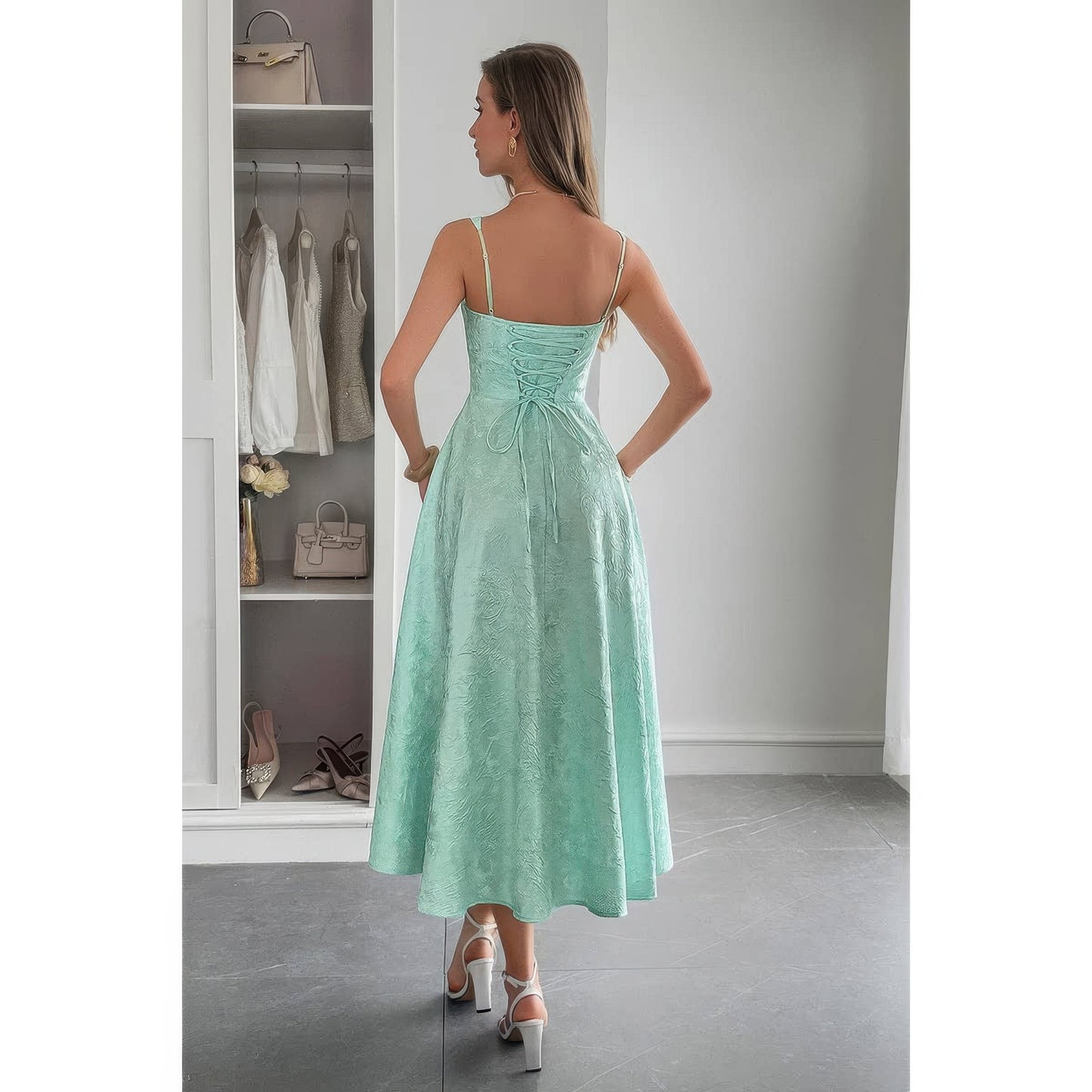 Solid Floral Jacquard Lace High Waist Dress