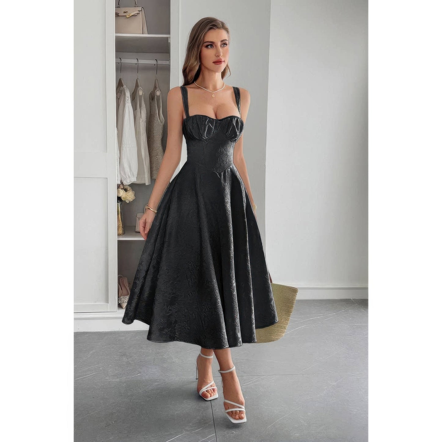 Solid Floral Jacquard Lace High Waist Dress