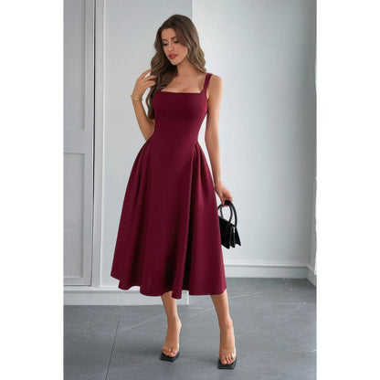 Square Neck A Line Pleated Sleeveless Long Dress