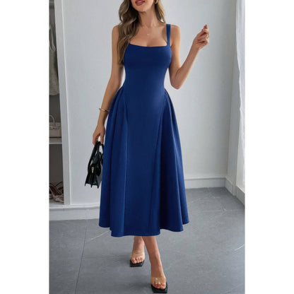 Square Neck A Line Pleated Sleeveless Long Dress
