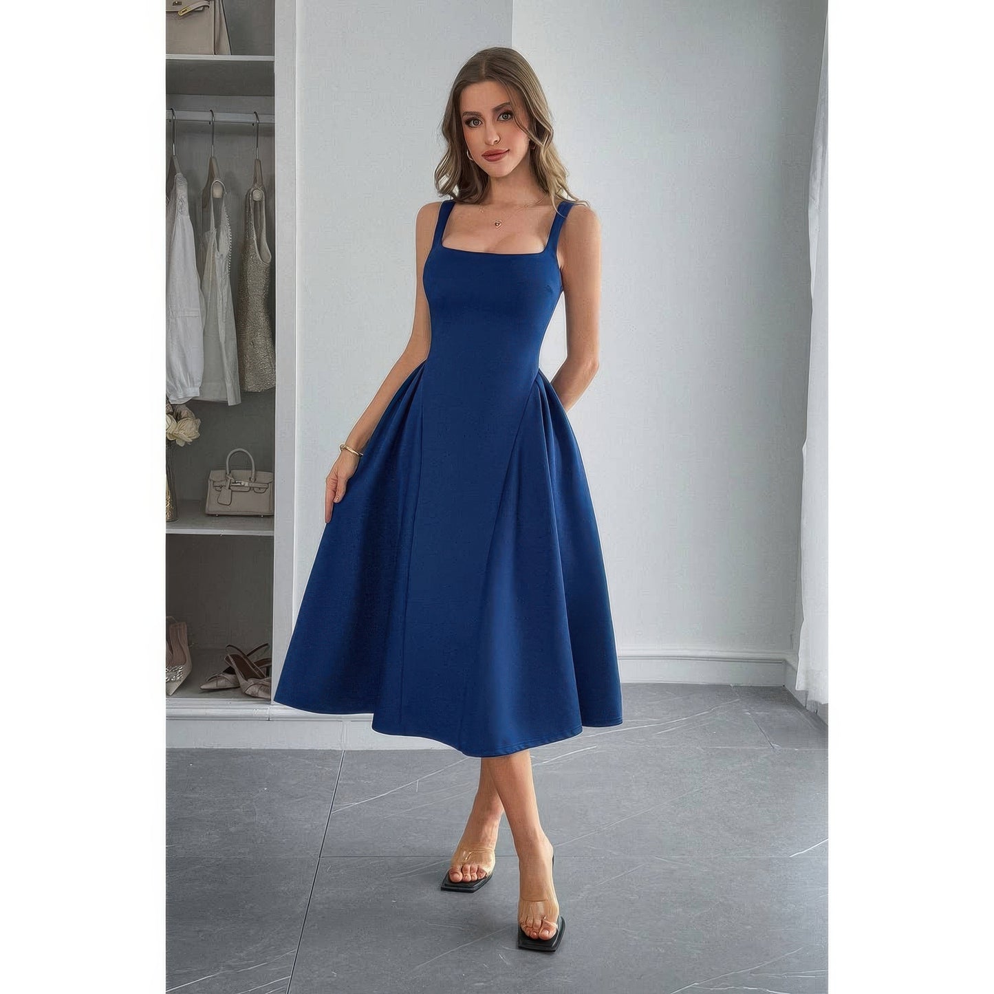 Square Neck A Line Pleated Sleeveless Long Dress