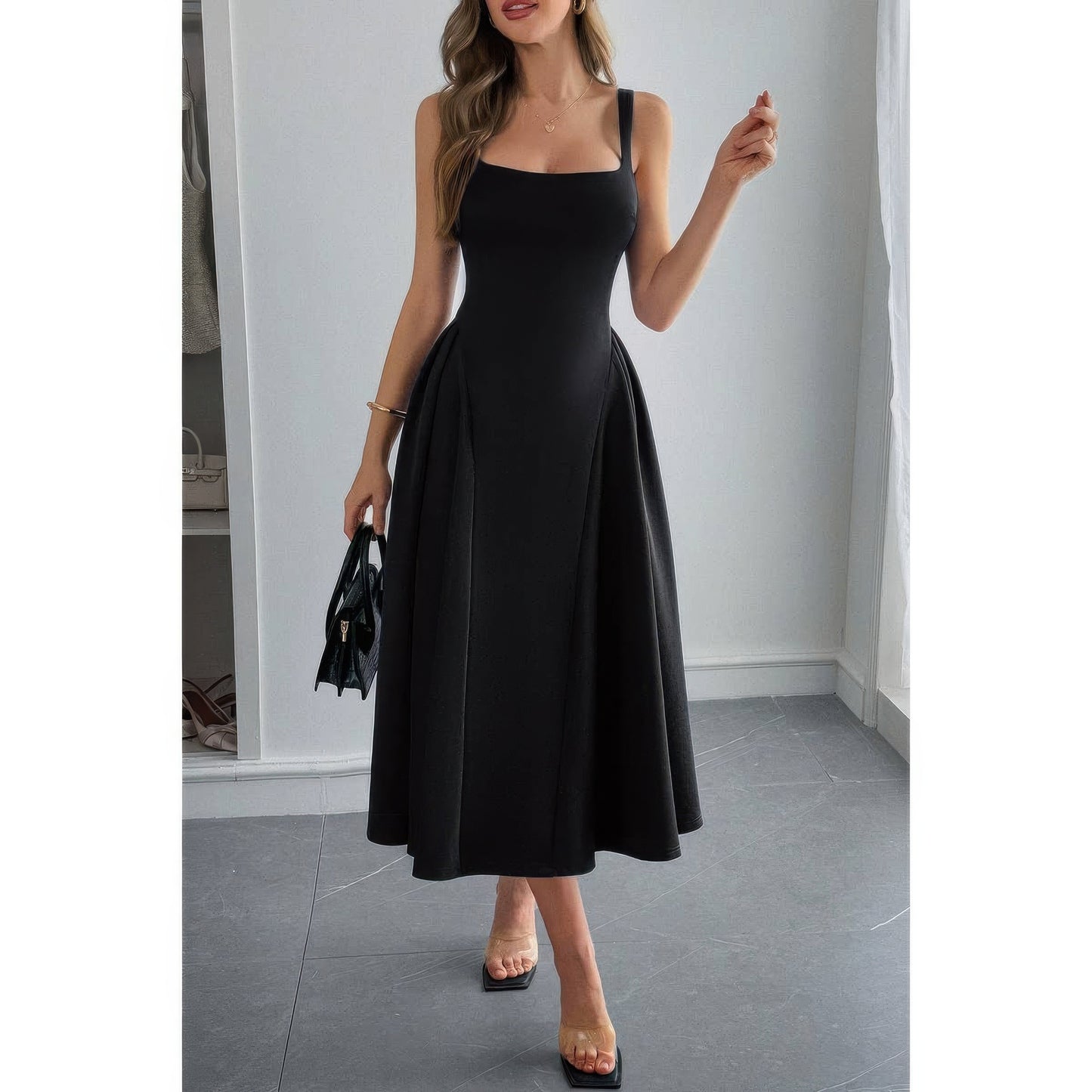 Square Neck A Line Pleated Sleeveless Long Dress