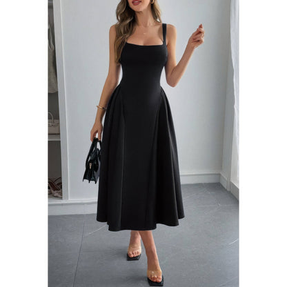 Square Neck A Line Pleated Sleeveless Long Dress