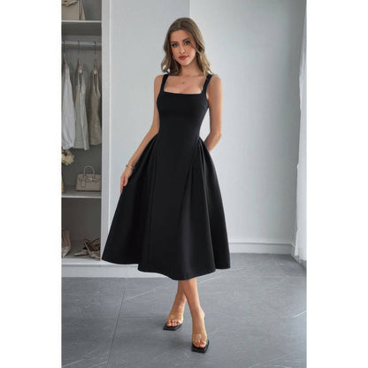 Square Neck A Line Pleated Sleeveless Long Dress