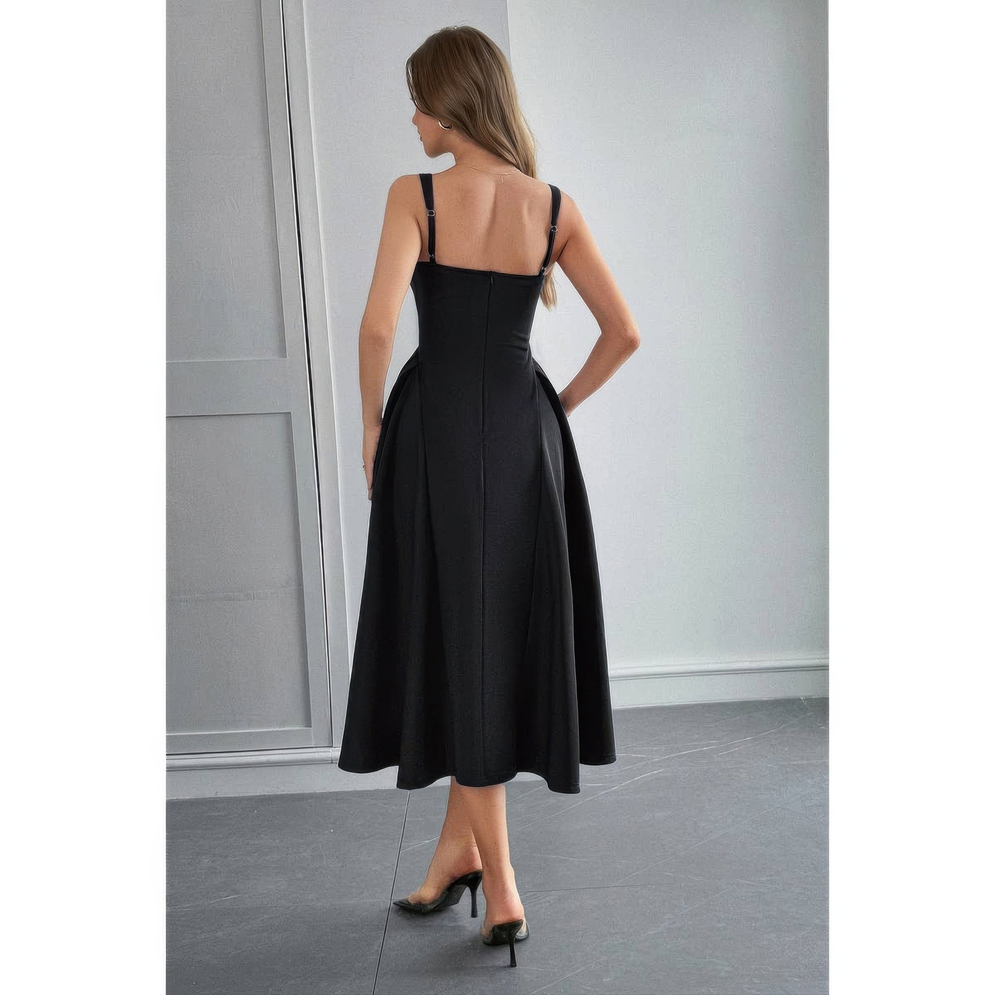 Square Neck A Line Pleated Sleeveless Long Dress