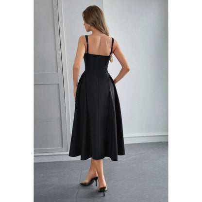 Square Neck A Line Pleated Sleeveless Long Dress
