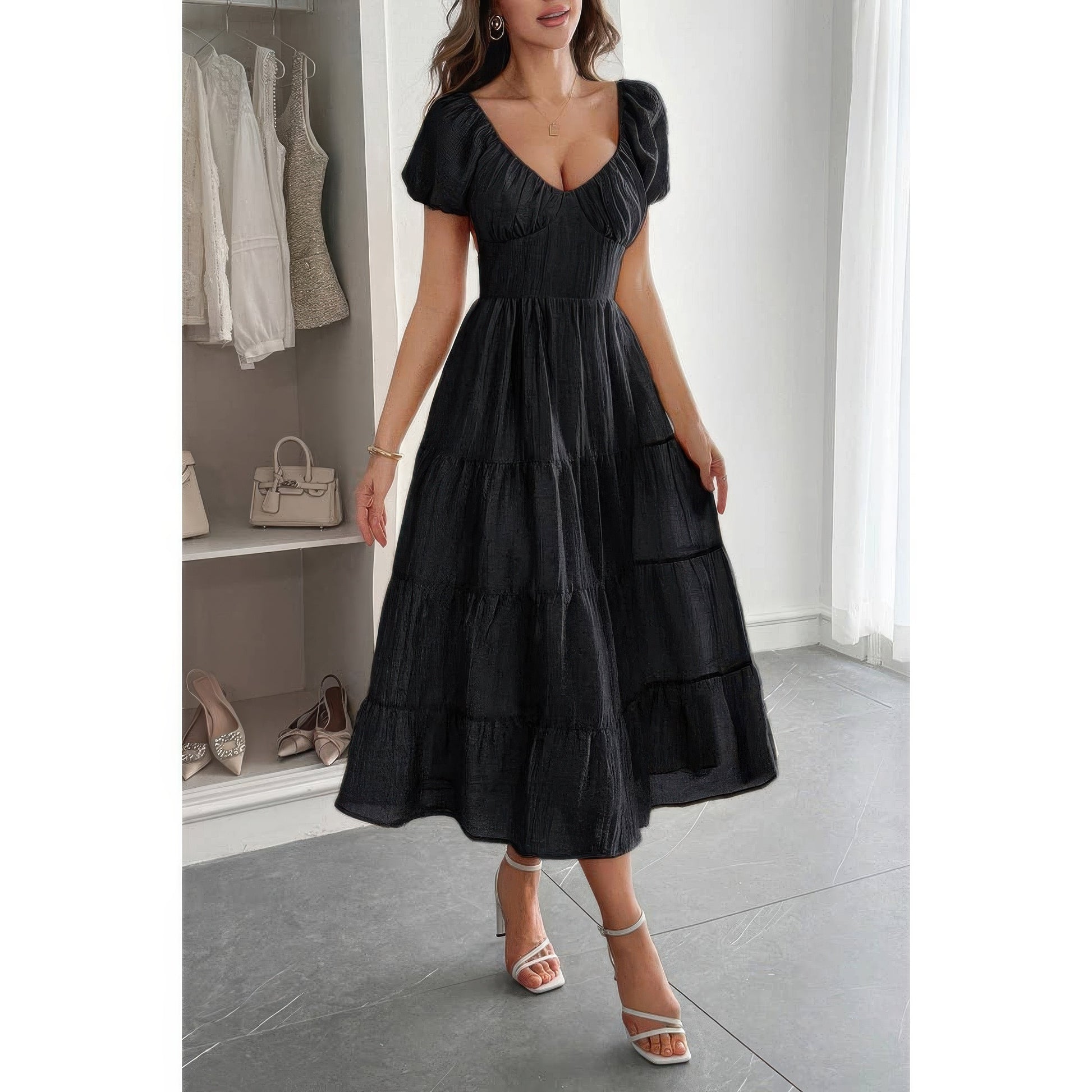 Solid Backless Tiered Puff Sleeve Fit Midi Dress