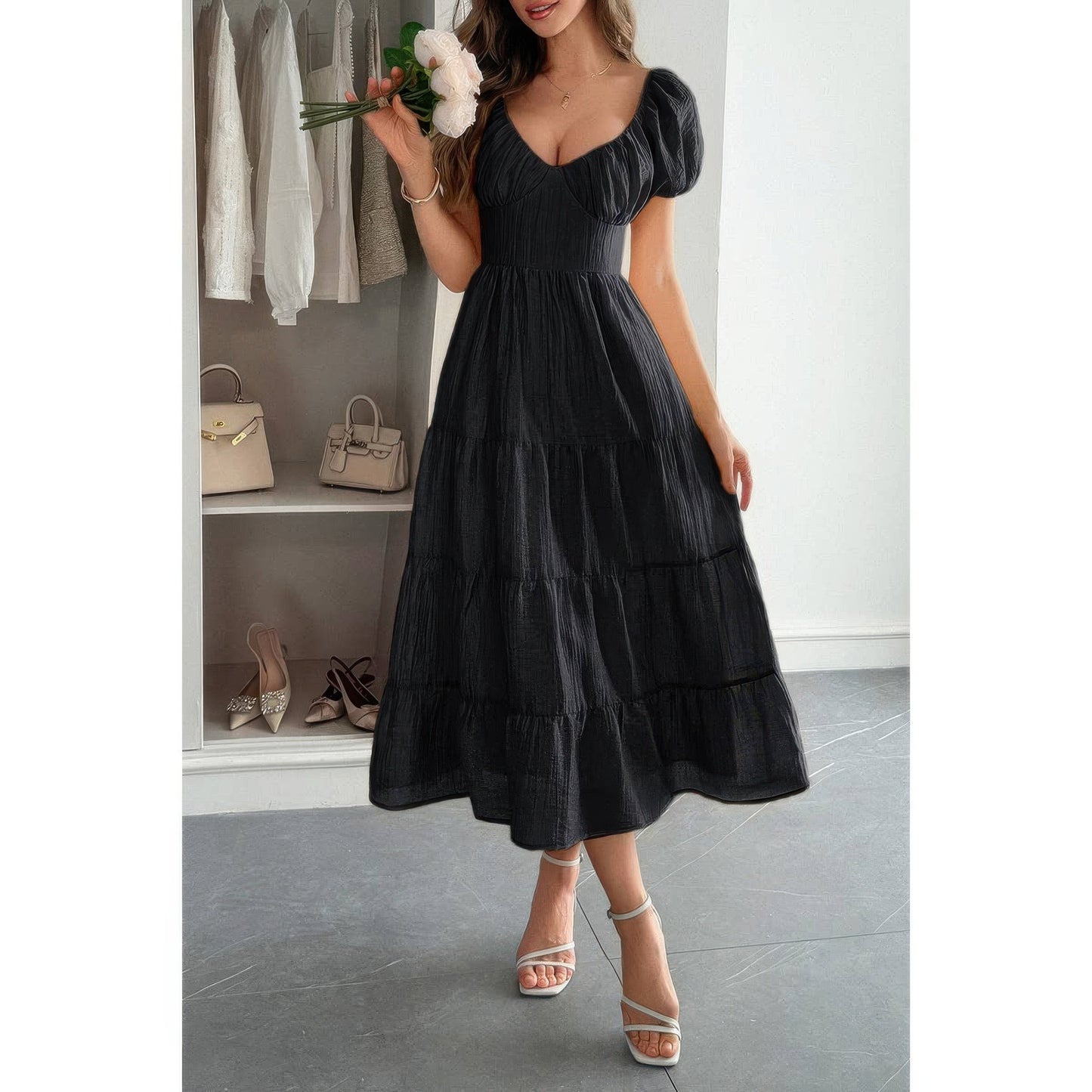 Solid Backless Tiered Puff Sleeve Fit Midi Dress