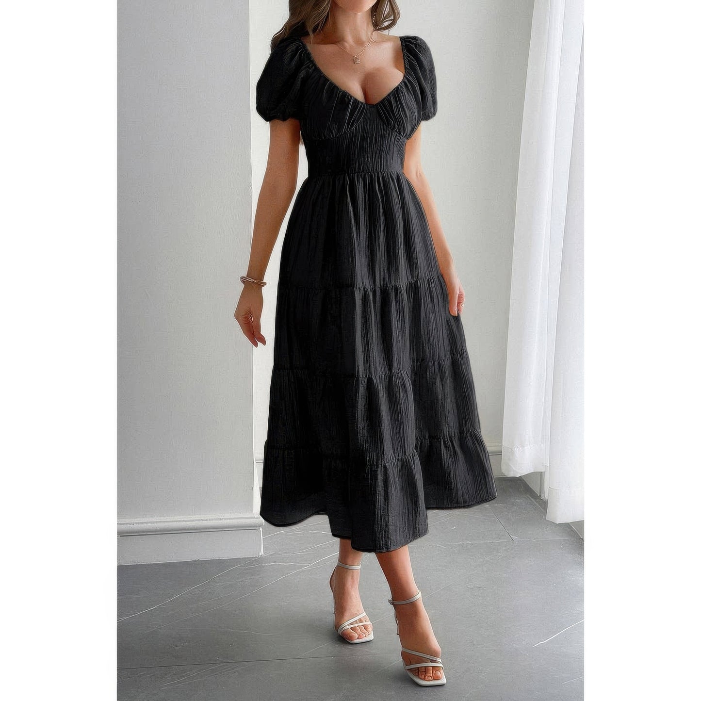 Solid Backless Tiered Puff Sleeve Fit Midi Dress