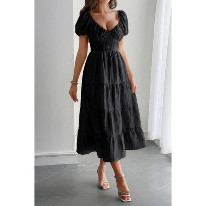 Solid Backless Tiered Puff Sleeve Fit Midi Dress