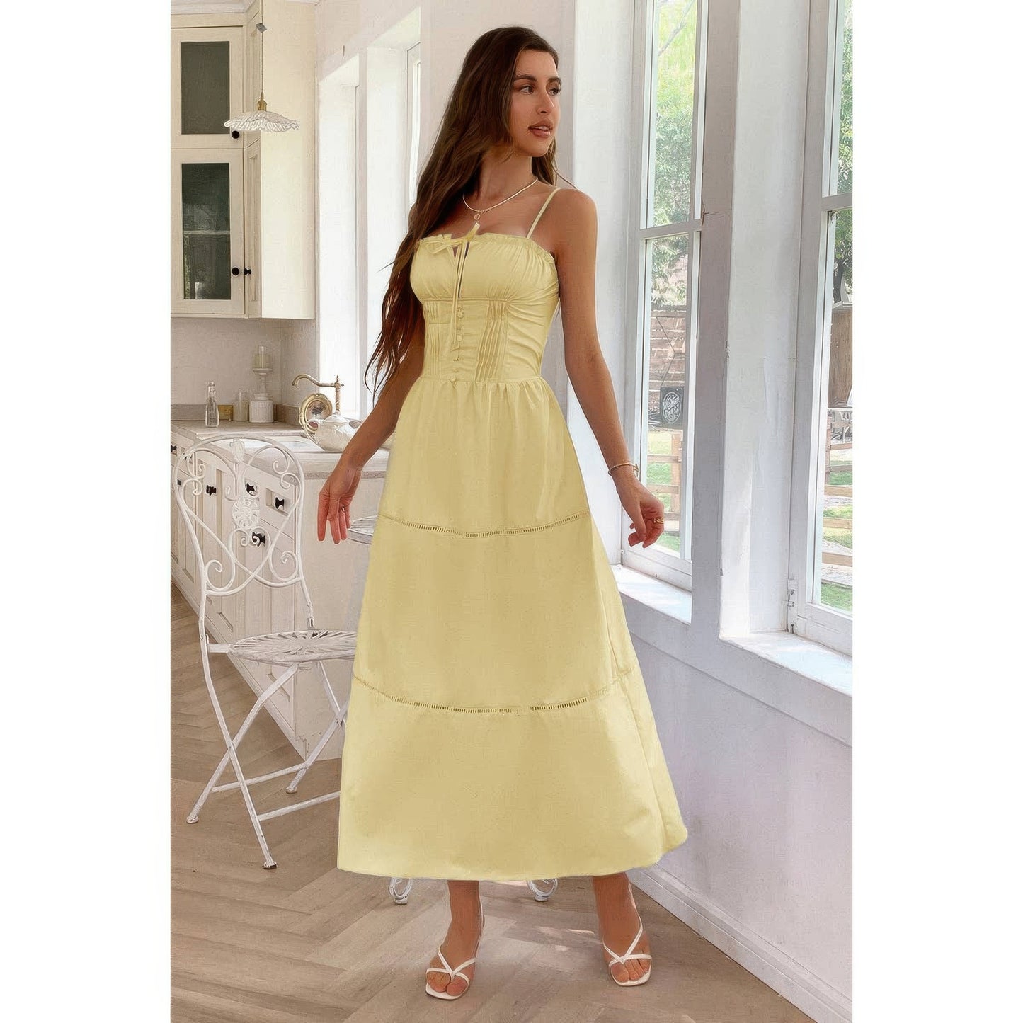 Solid Button Decor Pintuck Eyelet Shirred Dress