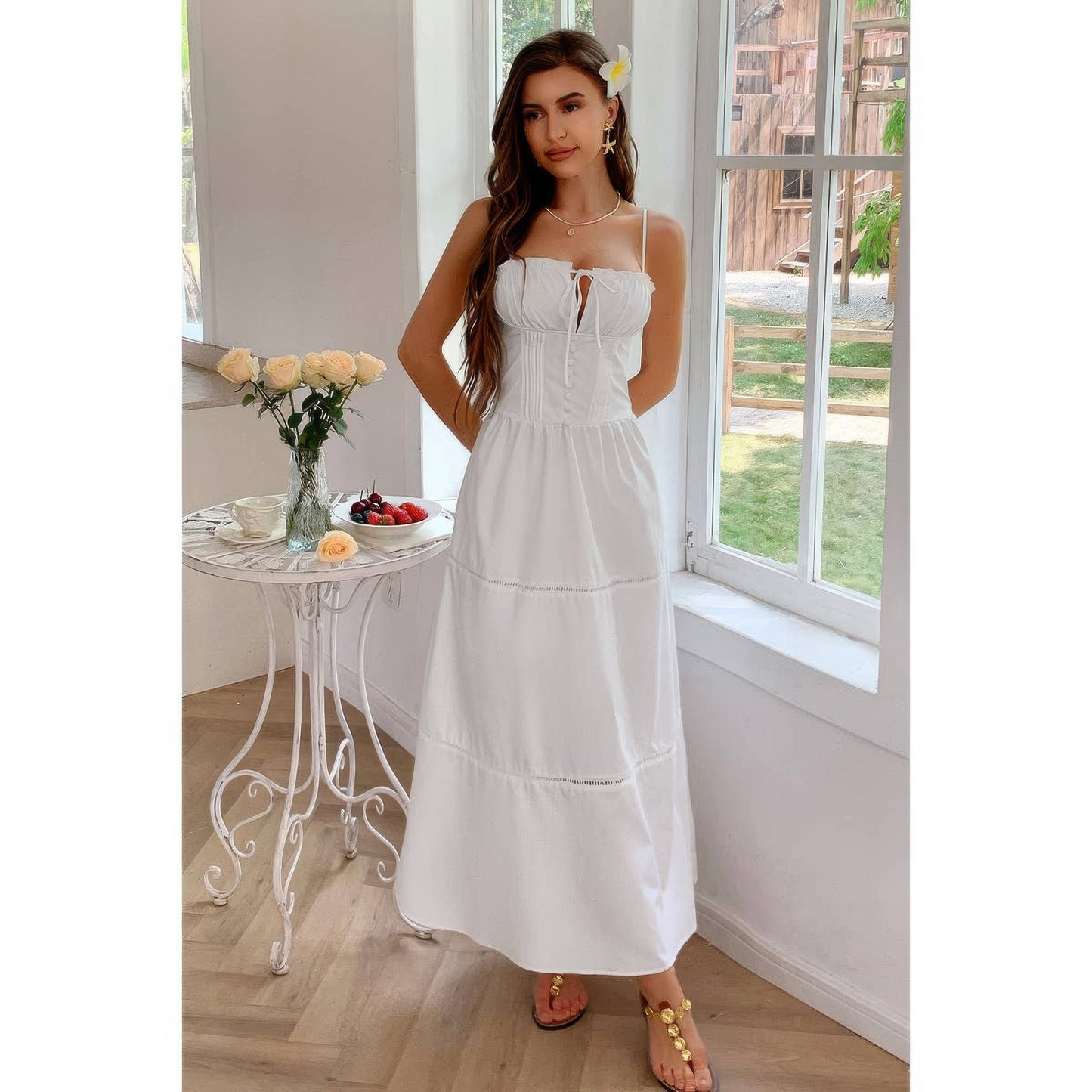 Solid Button Decor Pintuck Eyelet Shirred Dress