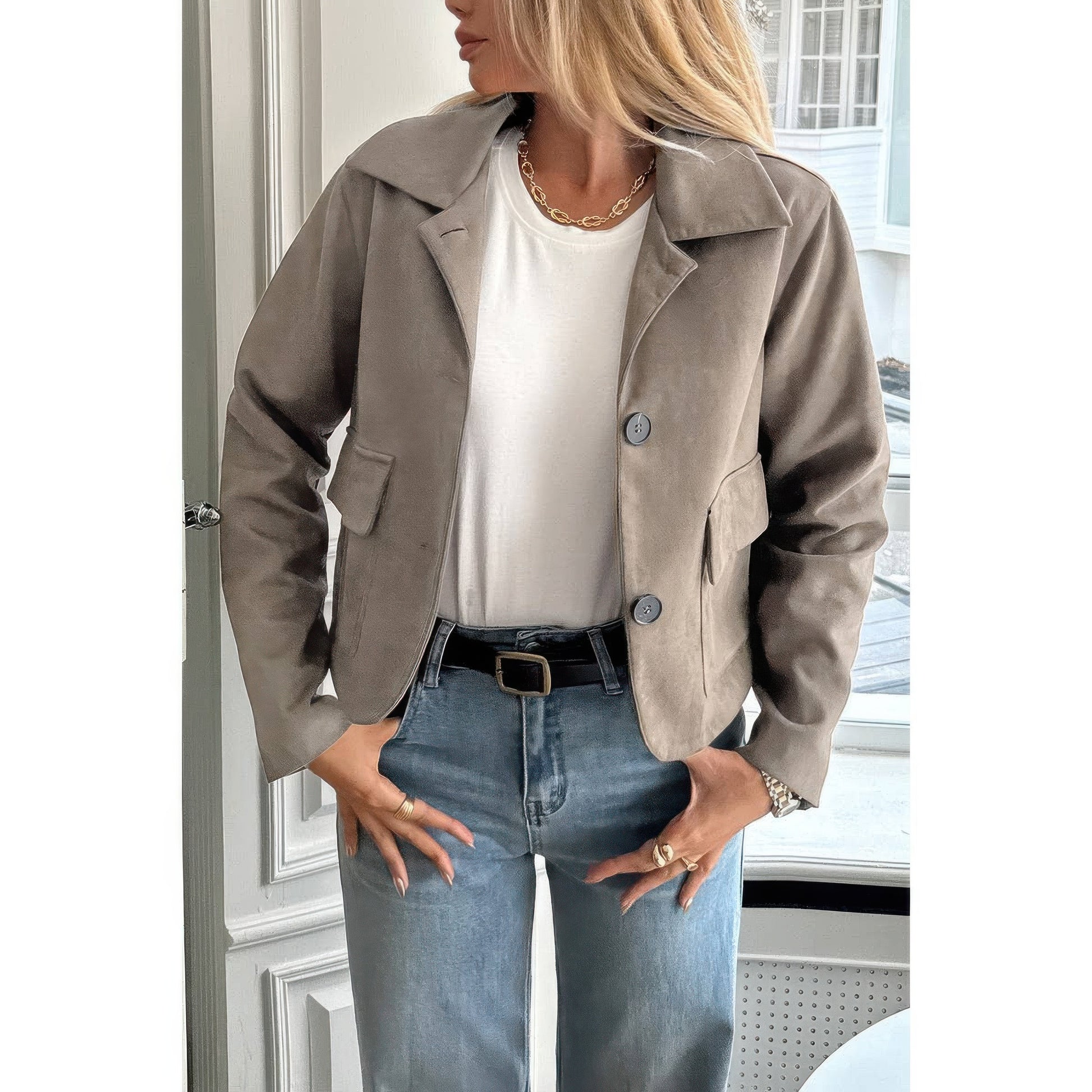 Solid Suit Lapel Faux Suede Leather Jacket