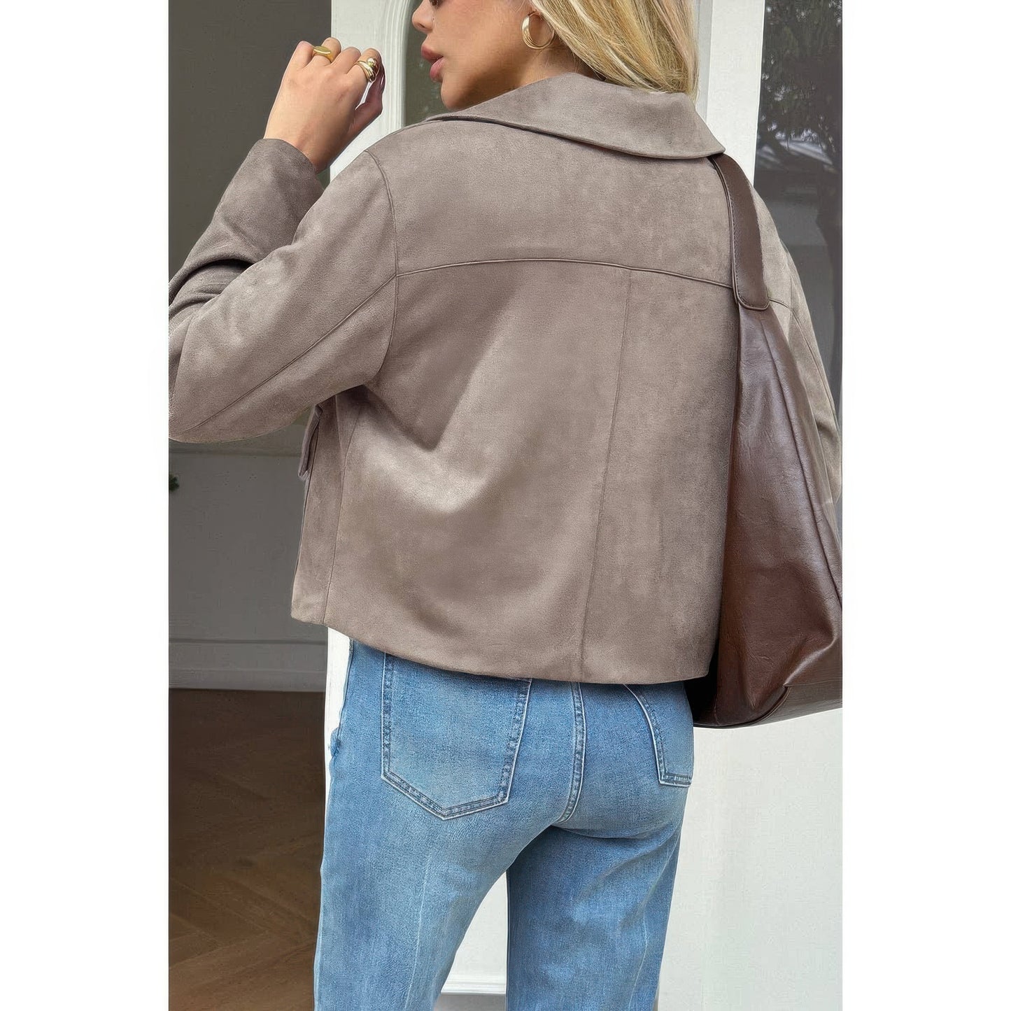 Solid Suit Lapel Faux Suede Leather Jacket