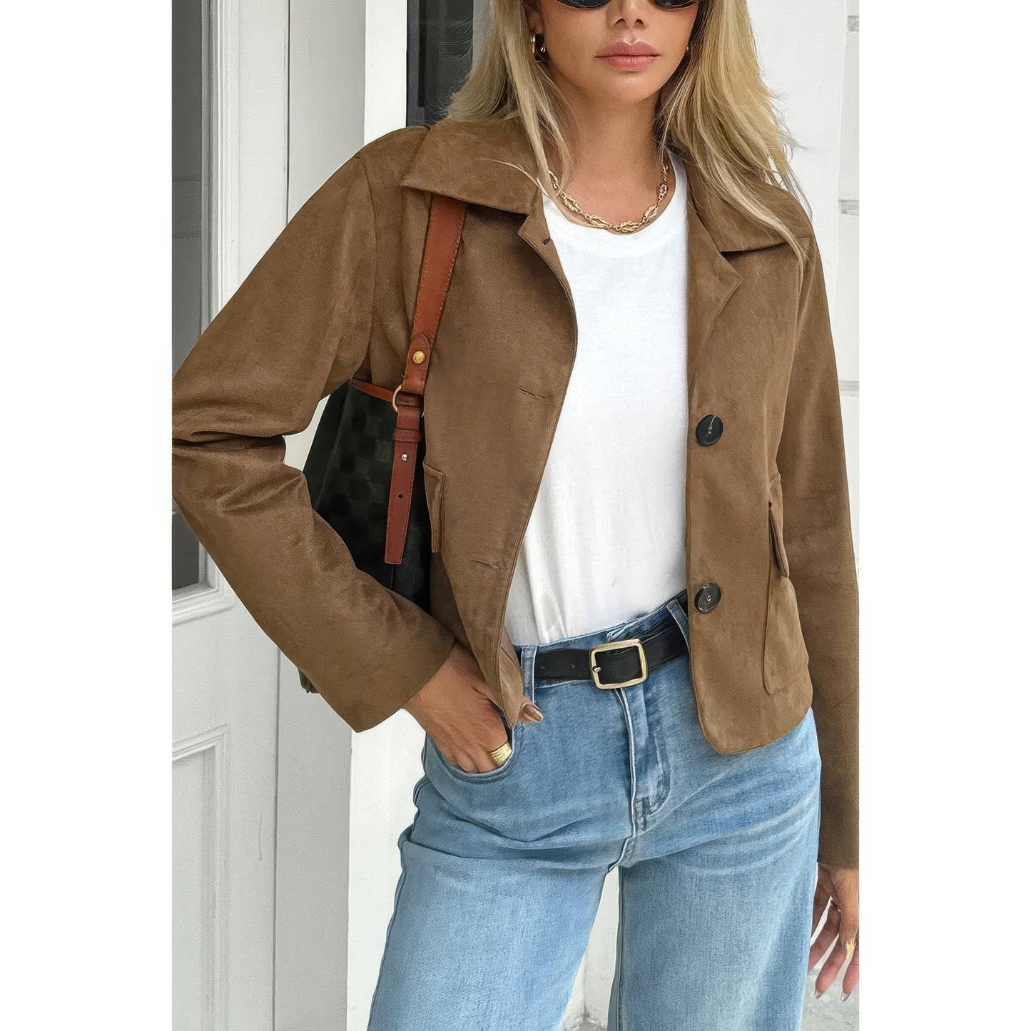 Solid Suit Lapel Faux Suede Leather Jacket