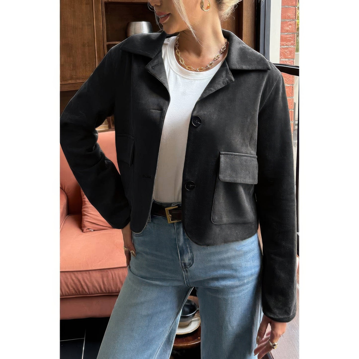 Solid Suit Lapel Faux Suede Leather Jacket