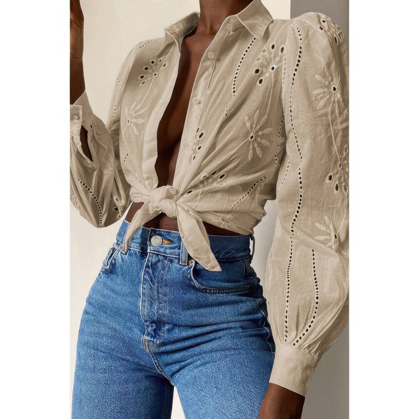 Hollow Out Solid Button Puff Sleeves Blouse