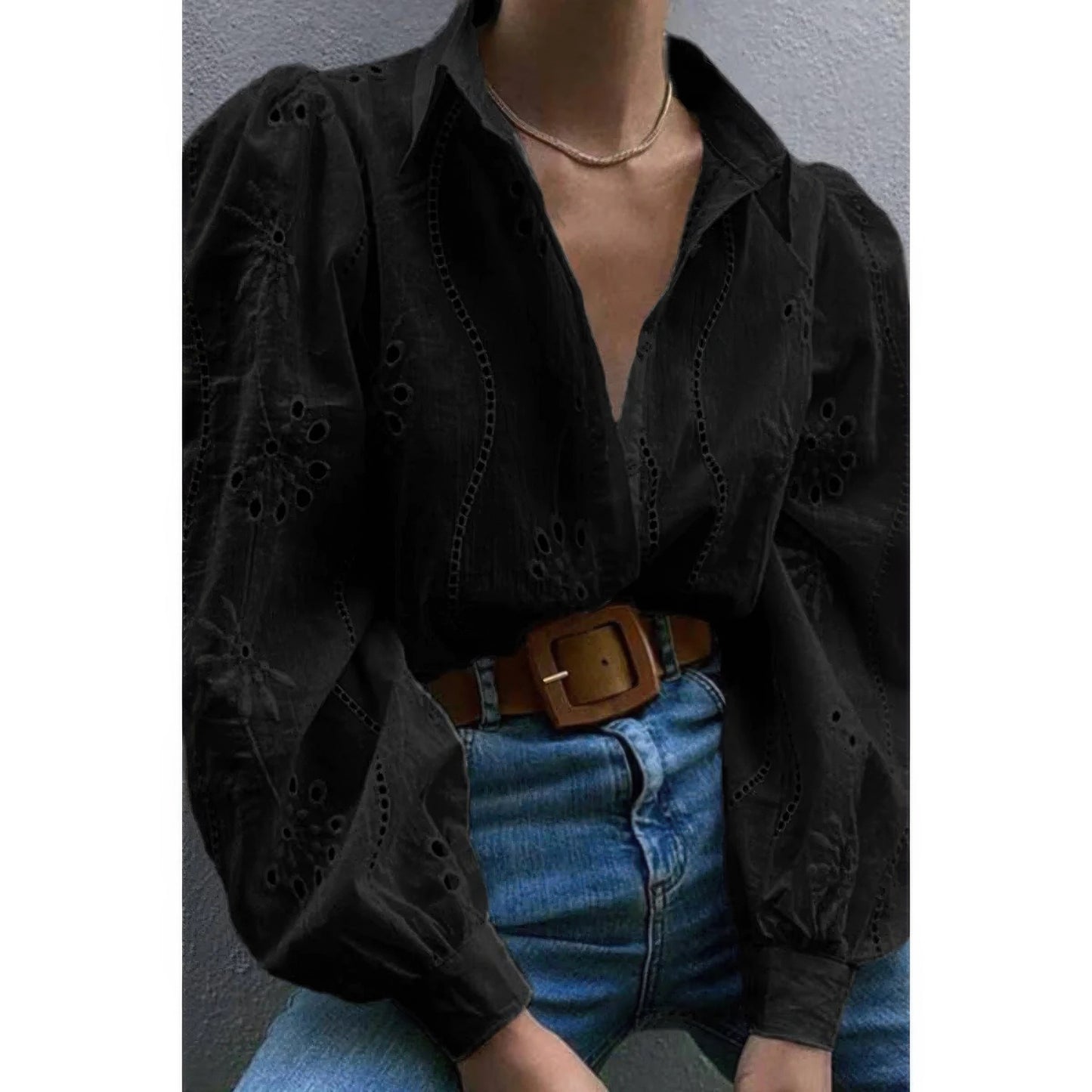 Hollow Out Solid Button Puff Sleeves Blouse