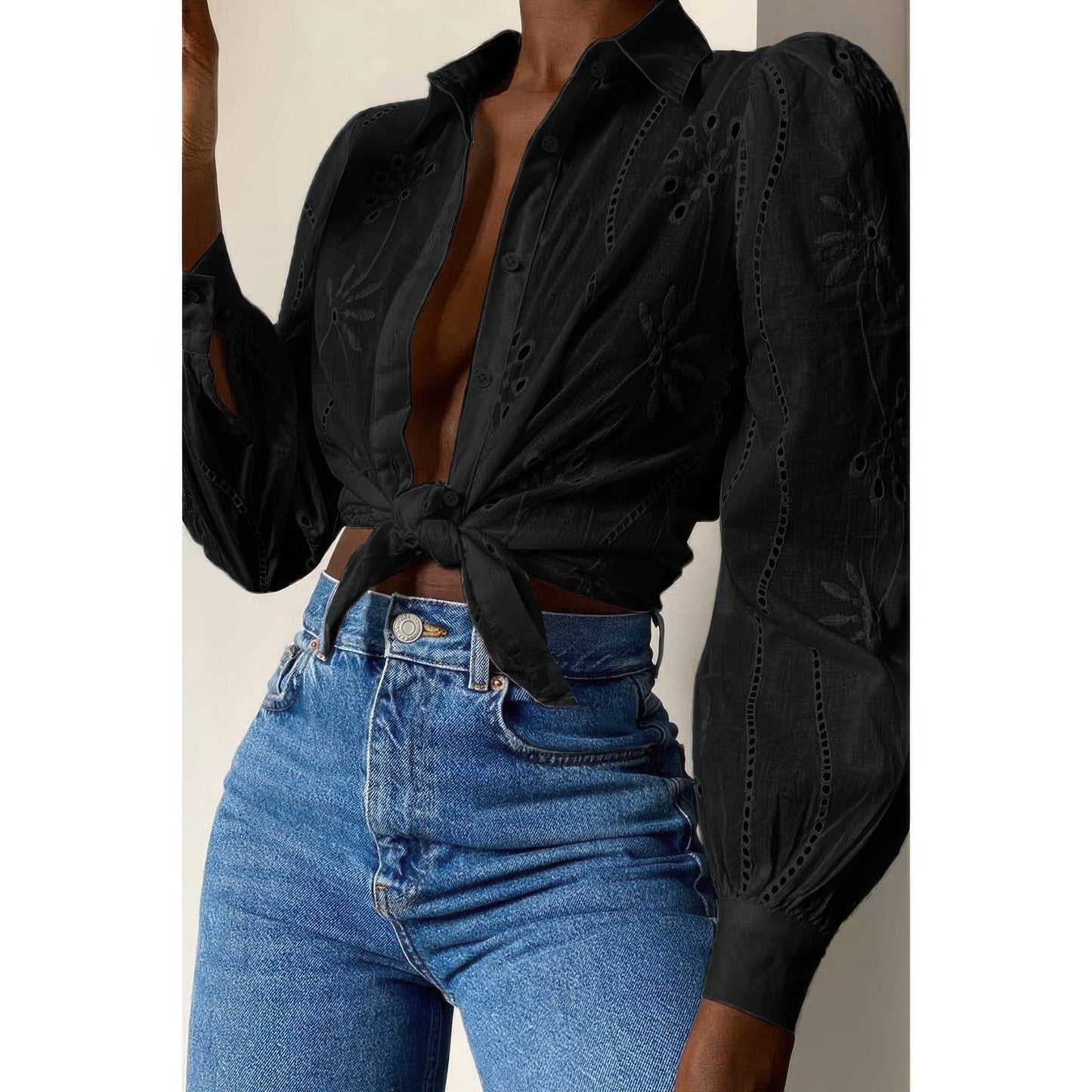 Hollow Out Solid Button Puff Sleeves Blouse