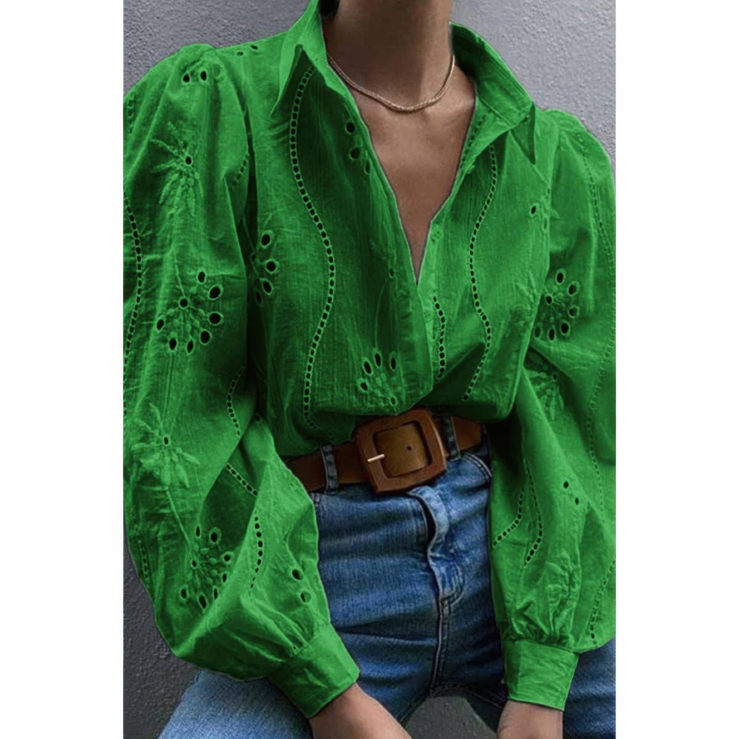 Hollow Out Solid Button Puff Sleeves Blouse