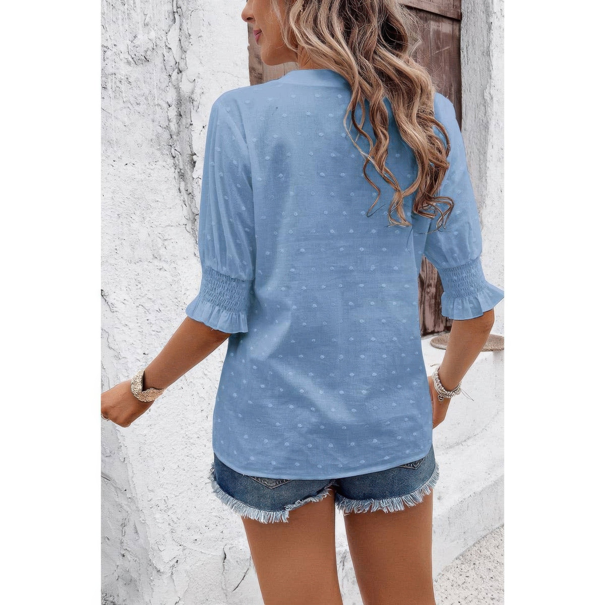 Solid Hollow Out Ruffle Hem V Neck Loose Blouse
