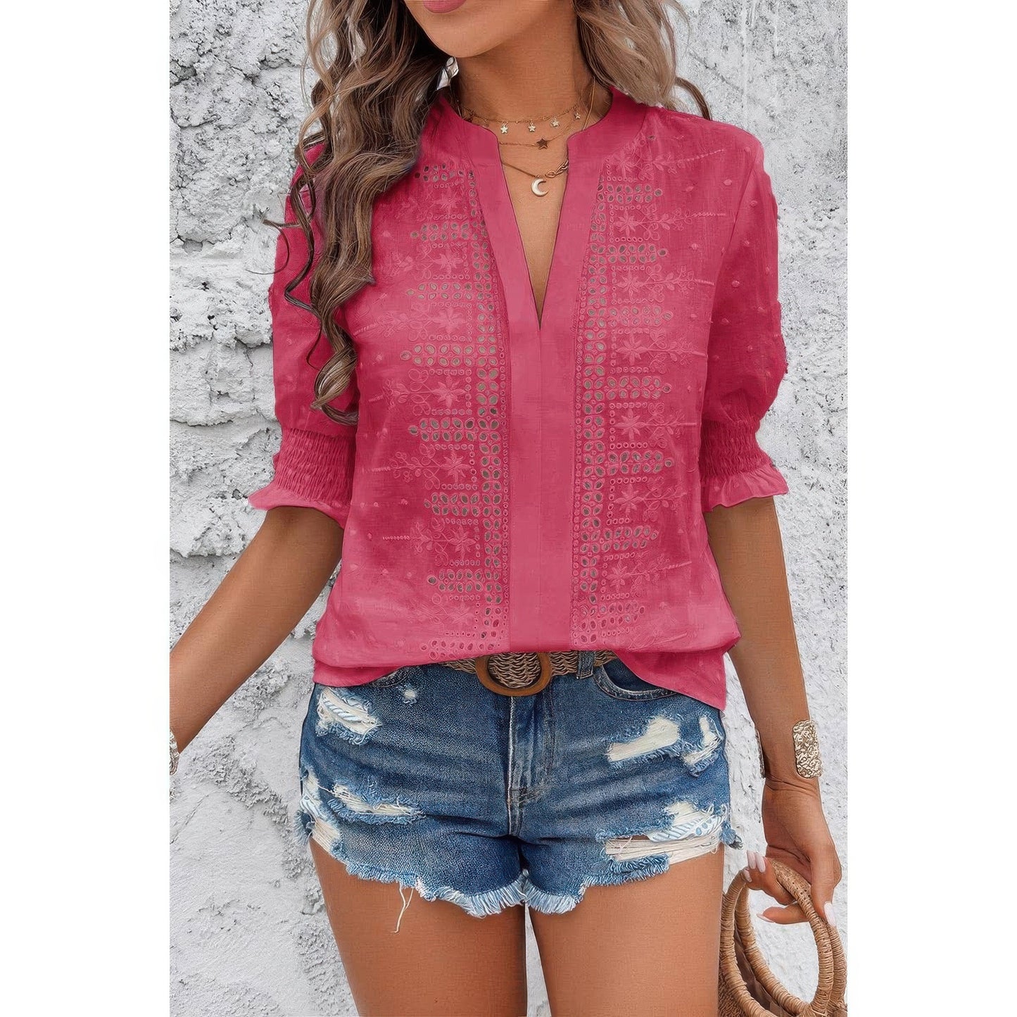 Solid Hollow Out Ruffle Hem V Neck Loose Blouse