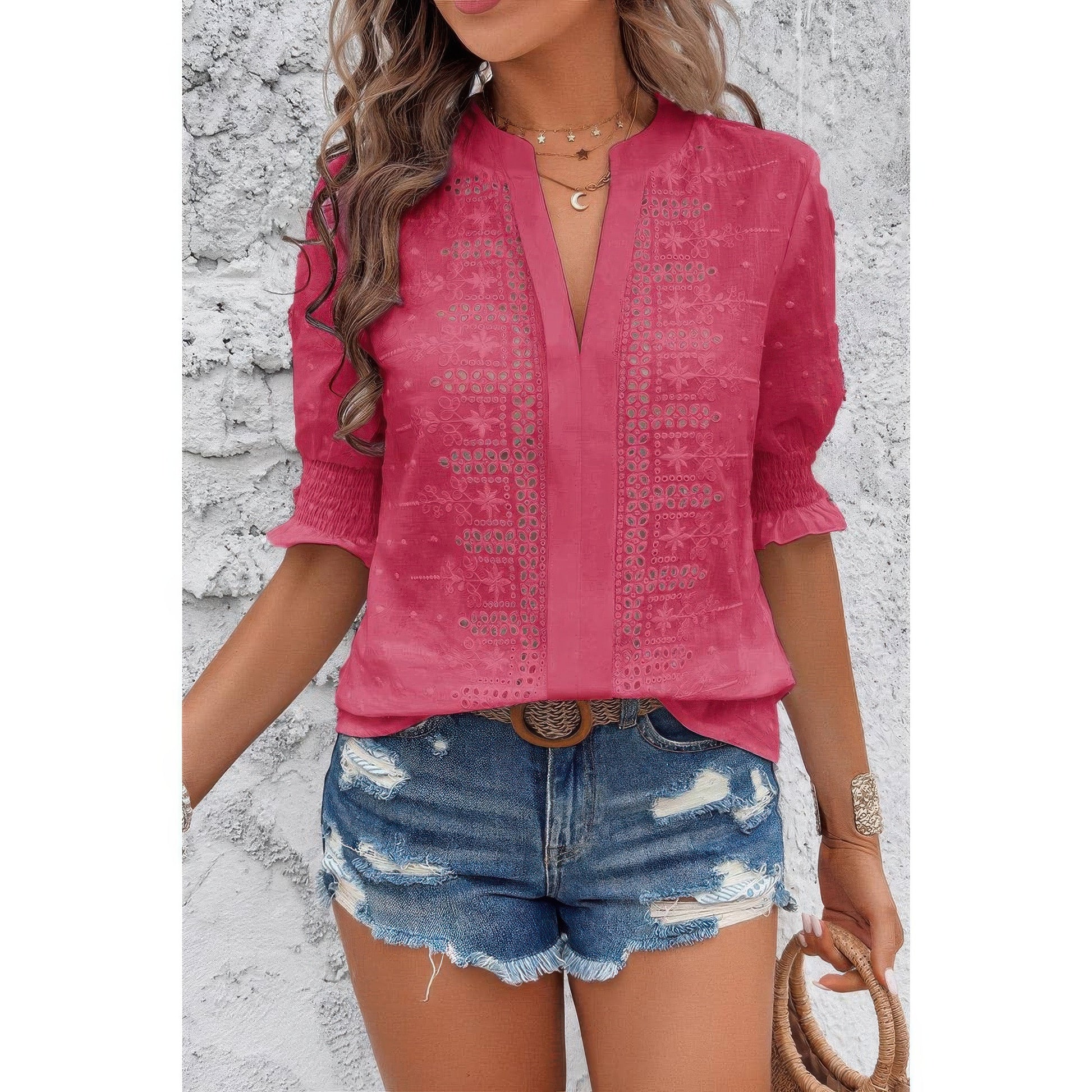 Solid Hollow Out Ruffle Hem V Neck Loose Blouse