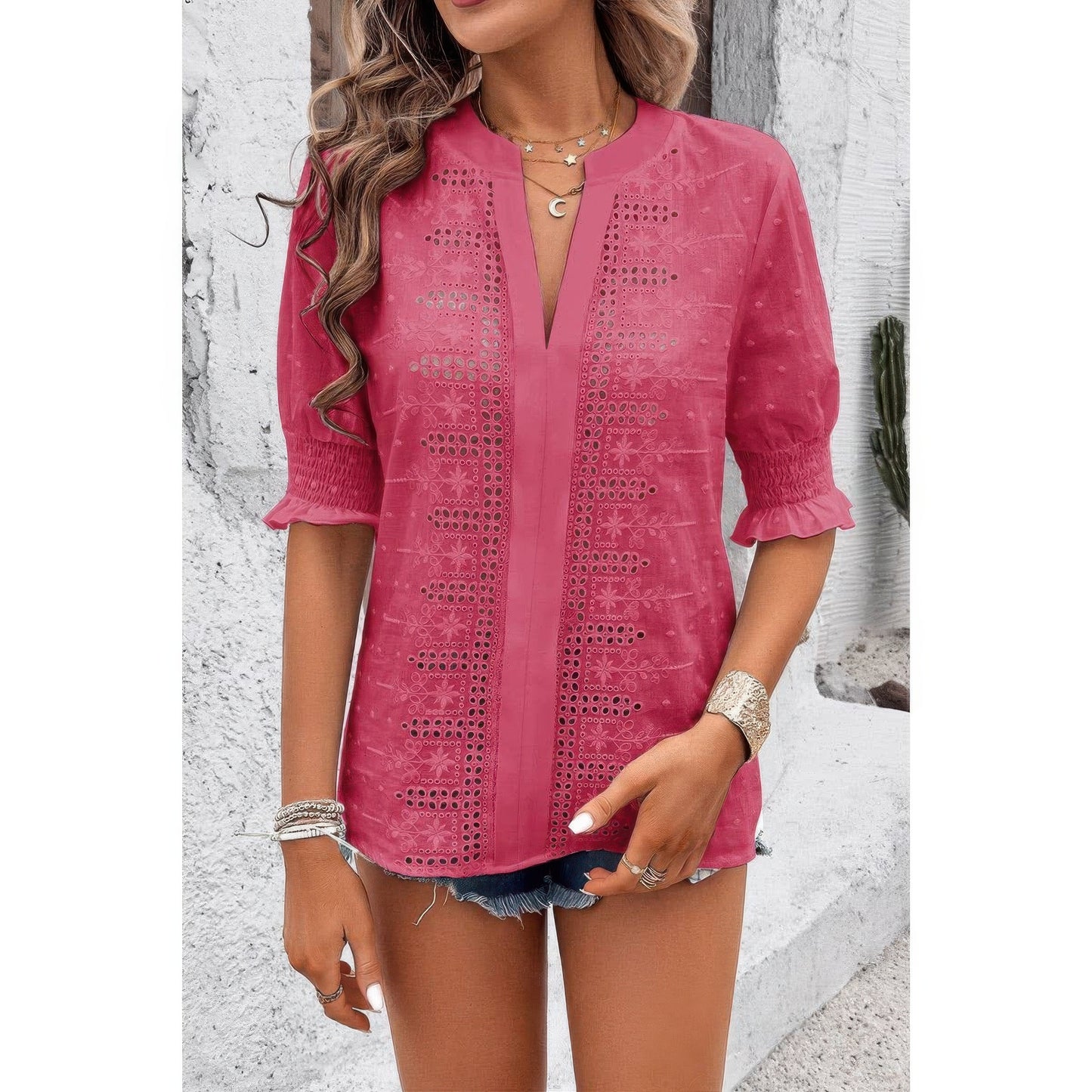 Solid Hollow Out Ruffle Hem V Neck Loose Blouse