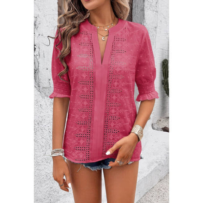 Solid Hollow Out Ruffle Hem V Neck Loose Blouse
