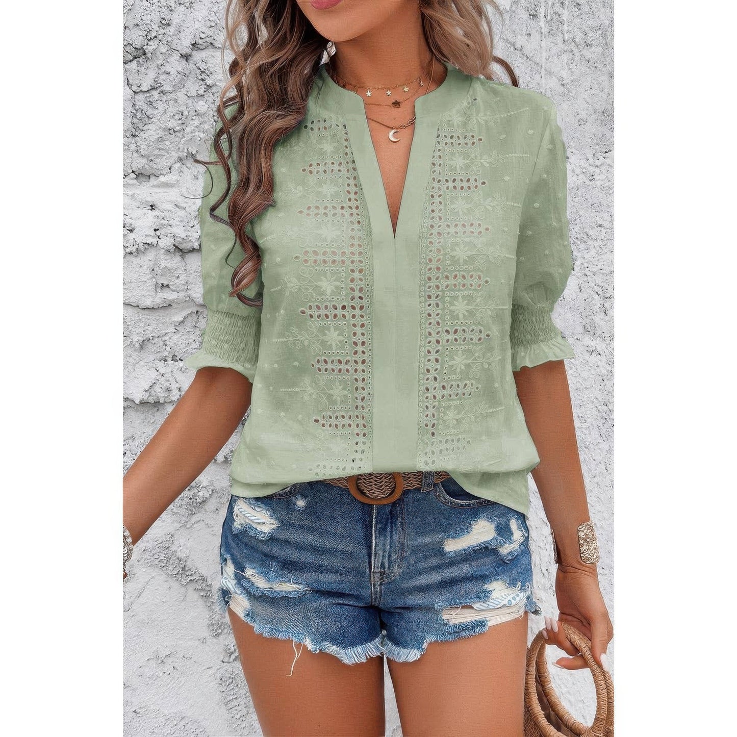 Solid Hollow Out Ruffle Hem V Neck Loose Blouse